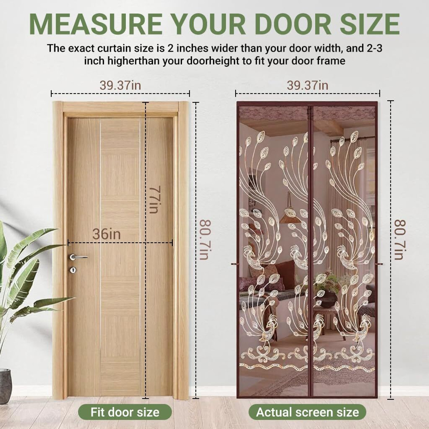 Image of HASTHIP Magnetic Mosquito Mesh Door Screen Brown Peacock Pattern Auto Close Nylon Adults Mosquito Net