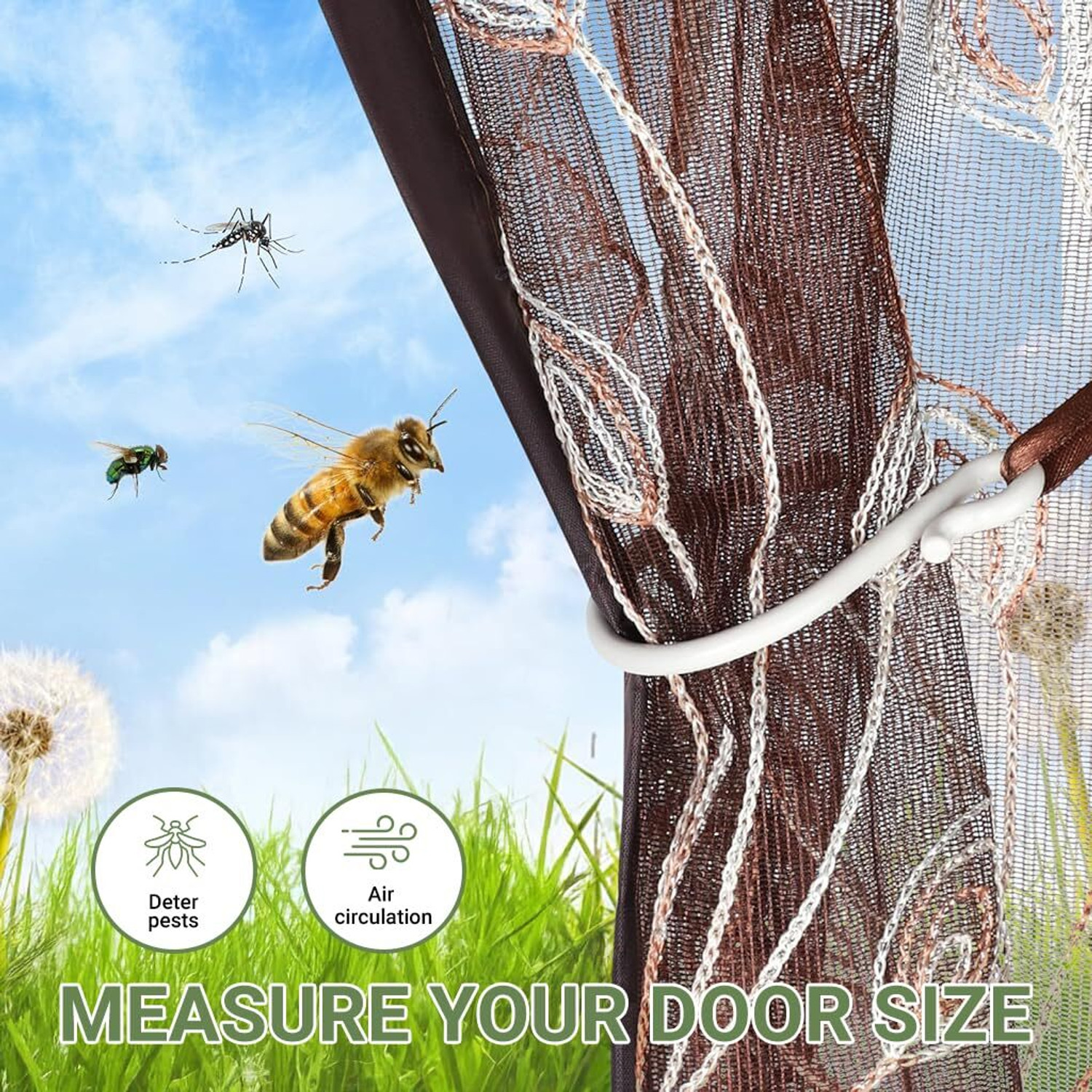 Image of HASTHIP Magnetic Mosquito Mesh Door Screen Brown Peacock Pattern Auto Close Nylon Adults Mosquito Net