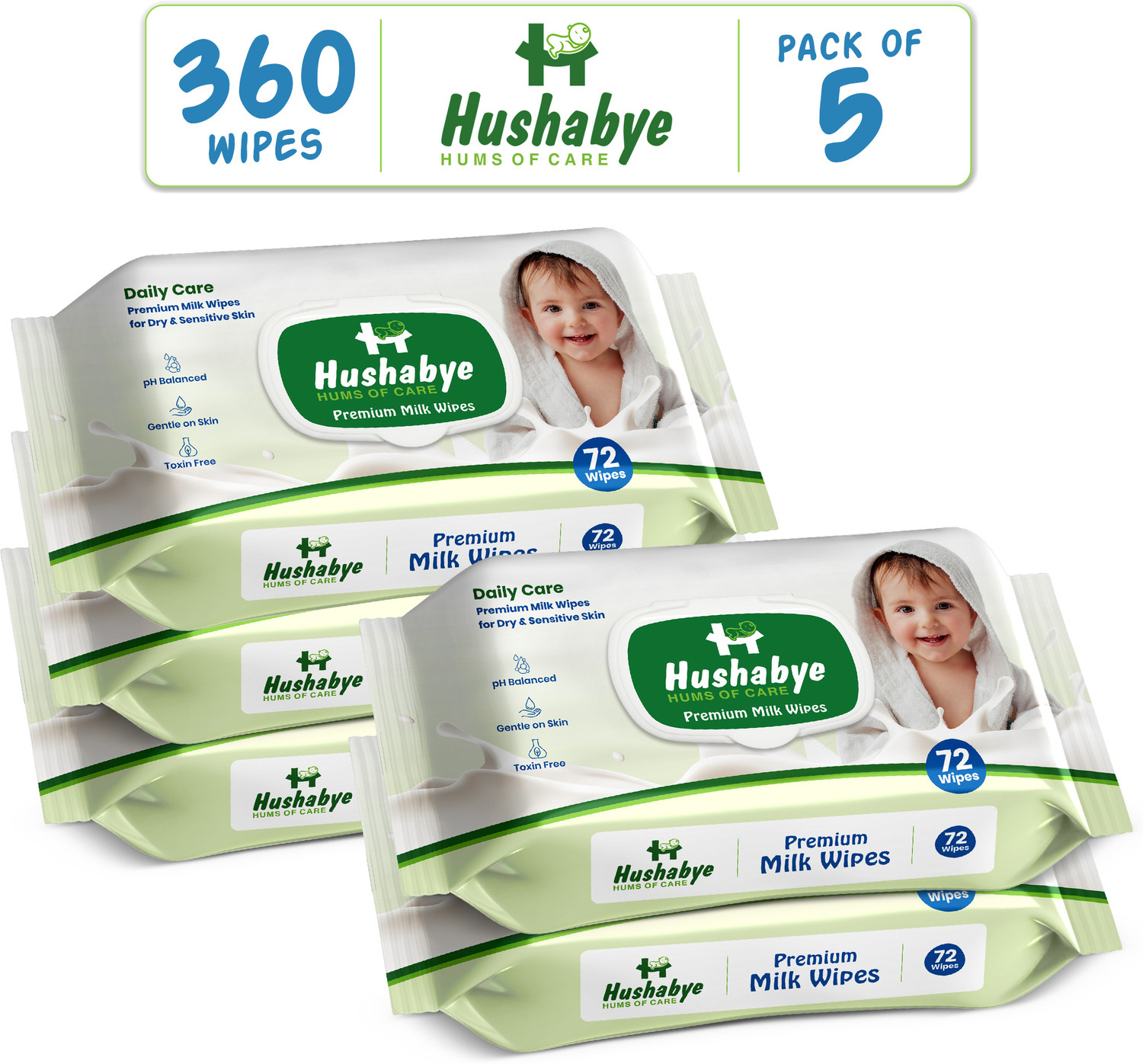 Image of Hushabye Ultra Soft Milk Baby Wipes, Skin Friendly & pH Balanced, Pack of 5
