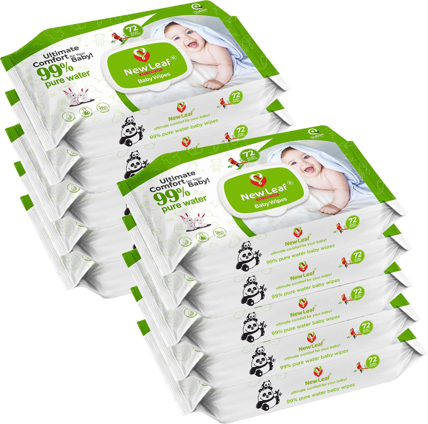 Image of Newleaf Premium Baby Wipes | 99% Pure Water, Aloe Vera & Glycerine with Lid, Pack of 10