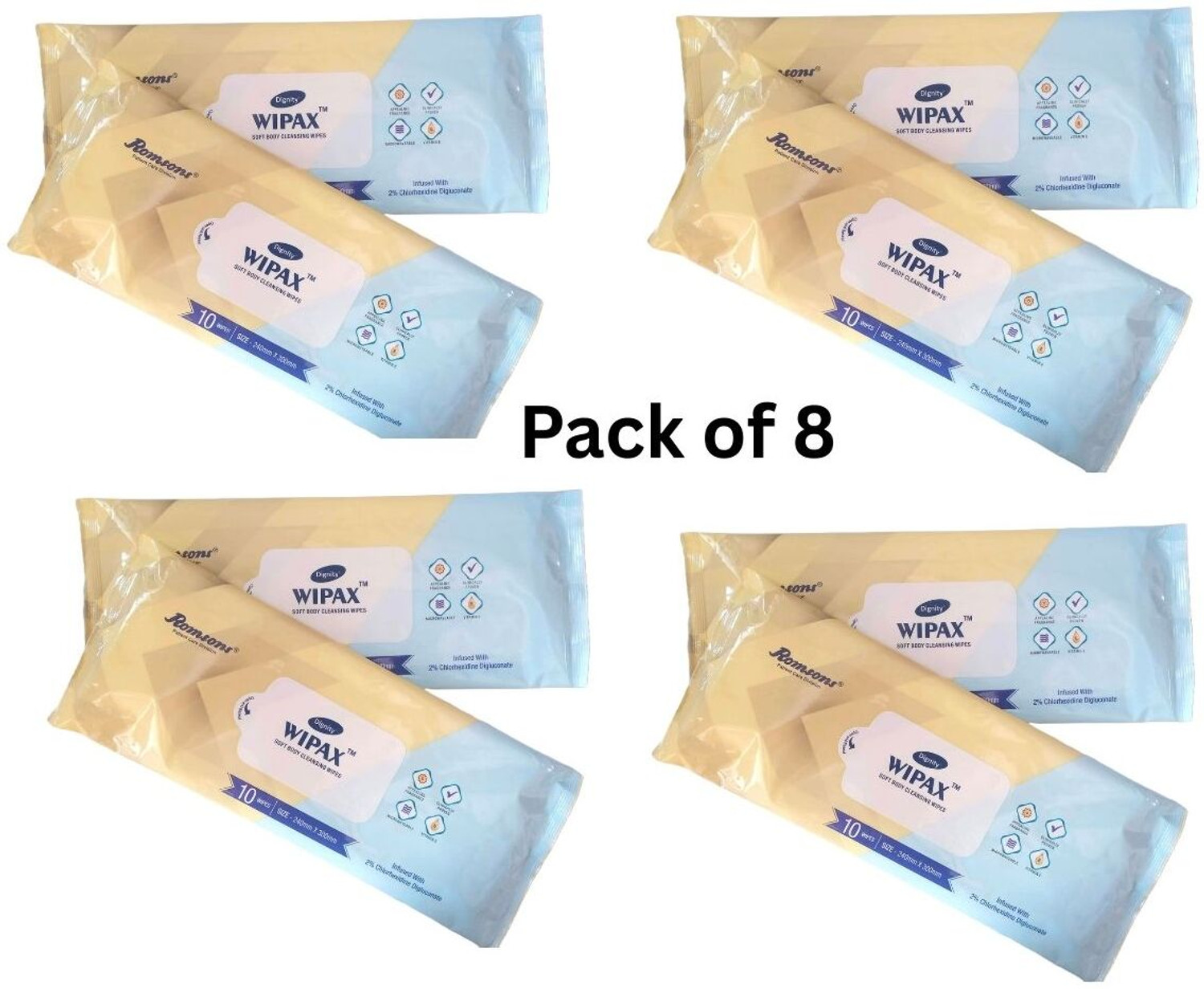 Image of Romsons Wipax Soft Body Cleansing Wipes for Adults Pack of 8 (Combo Pack 80psc.)