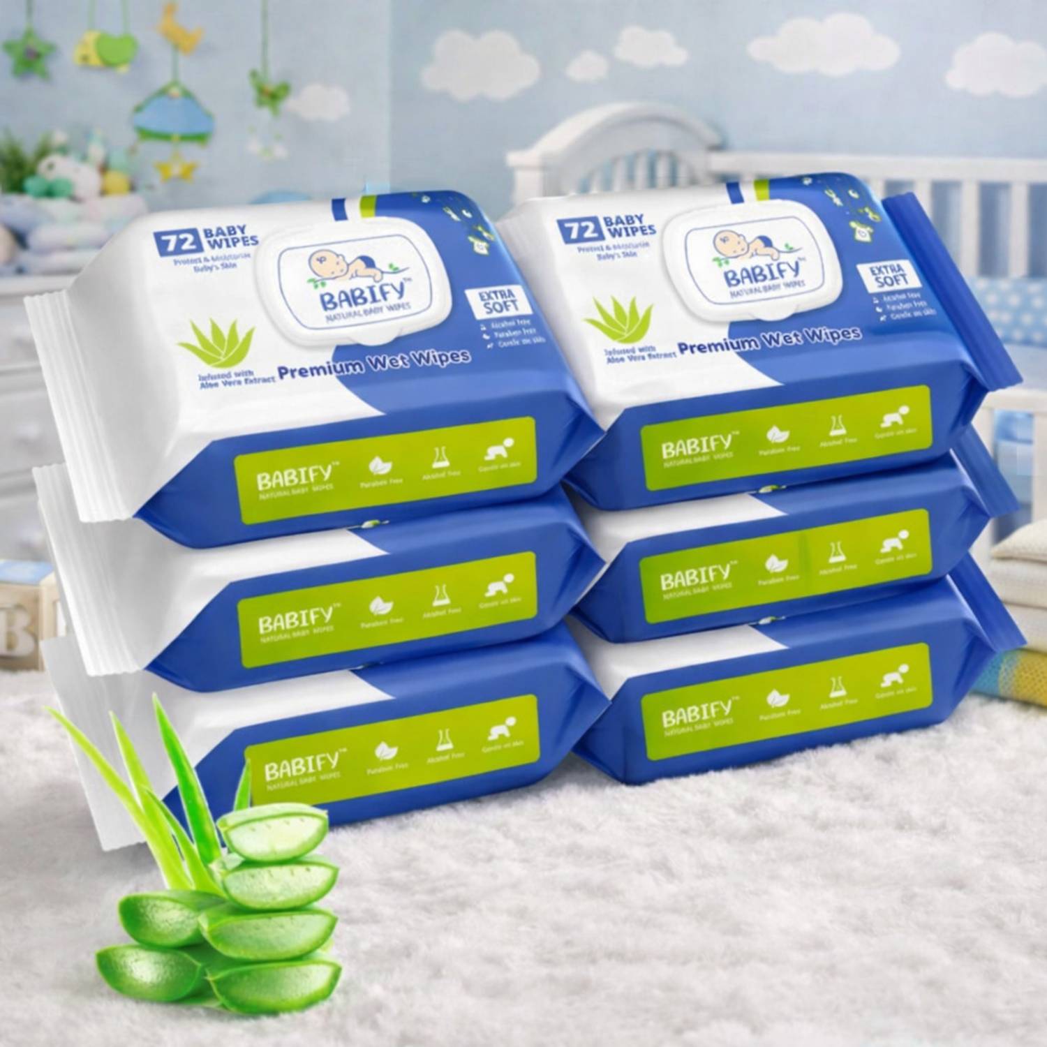 BabiFy Premium Baby Wet Wipes with Aloe Vera & 99% Pure Water | Paraben Fee (Pack of 6)