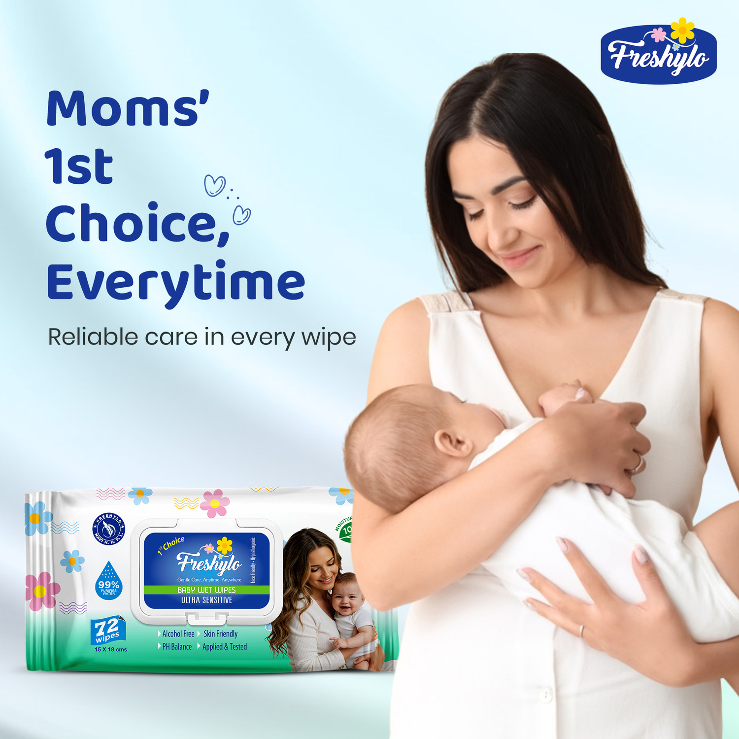 Image of Freshylo Baby Wipes with Lid & 99% Purified Water | pH-Balanced Wet Tissues, Pack of 5