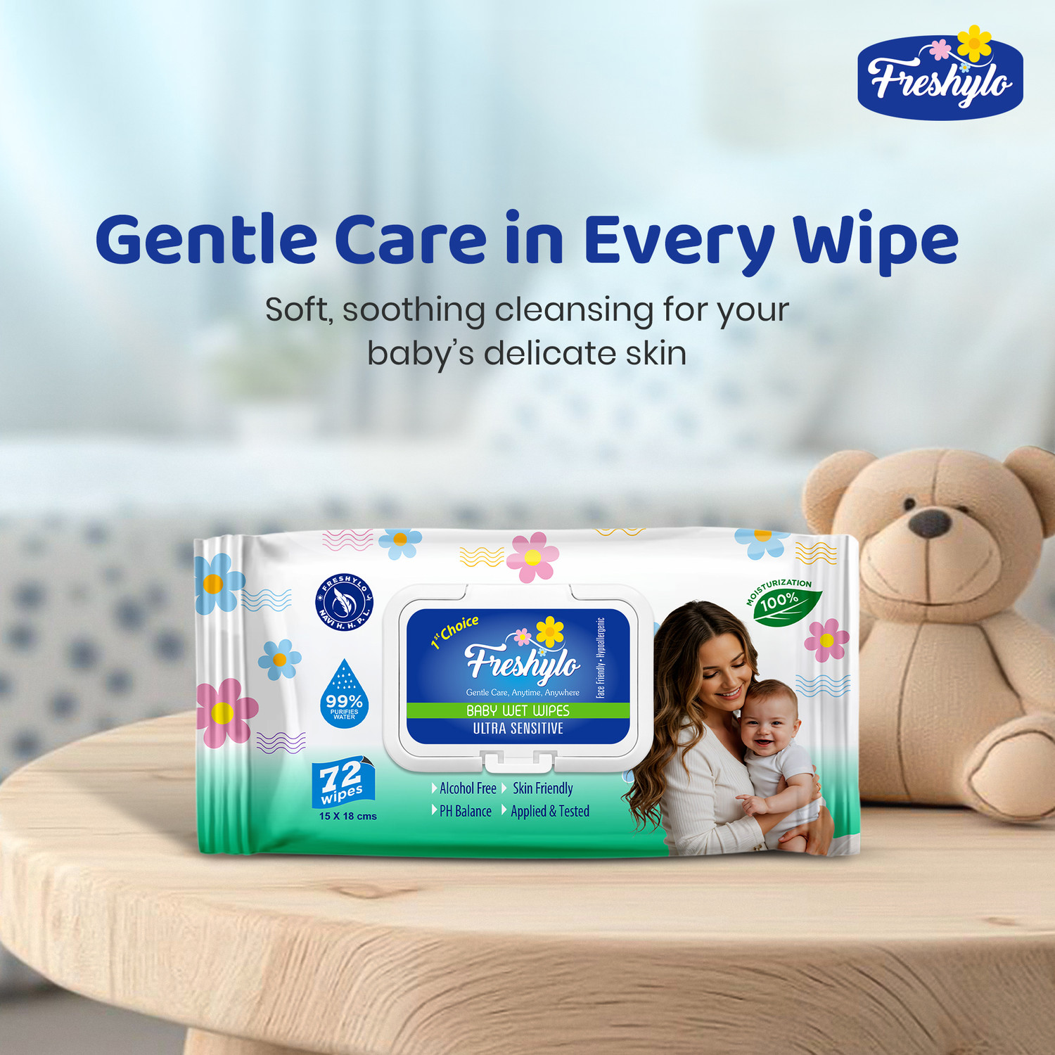 Image of Freshylo Baby Wipes with Lid & 99% Purified Water | pH-Balanced Wet Tissues, Pack of 5