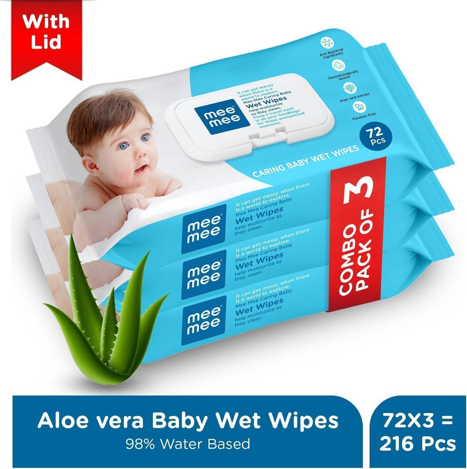 MeeMee wet wipes with lid pack of 3 72 count each (3 Wipes)