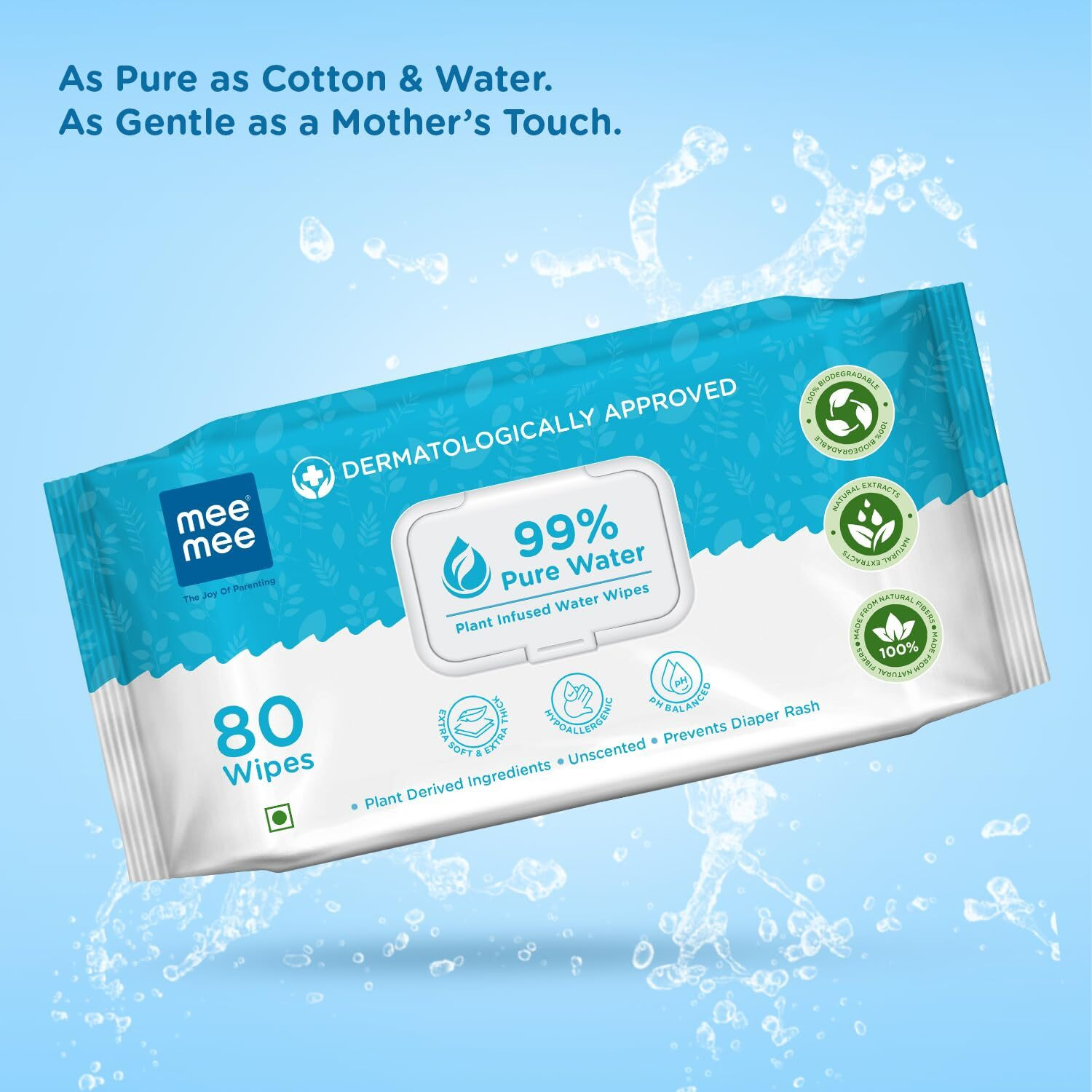 Image of MeeMee 99% Pure Water Plant Infused Water Wipes - 80 Wipes (Pack of 3)