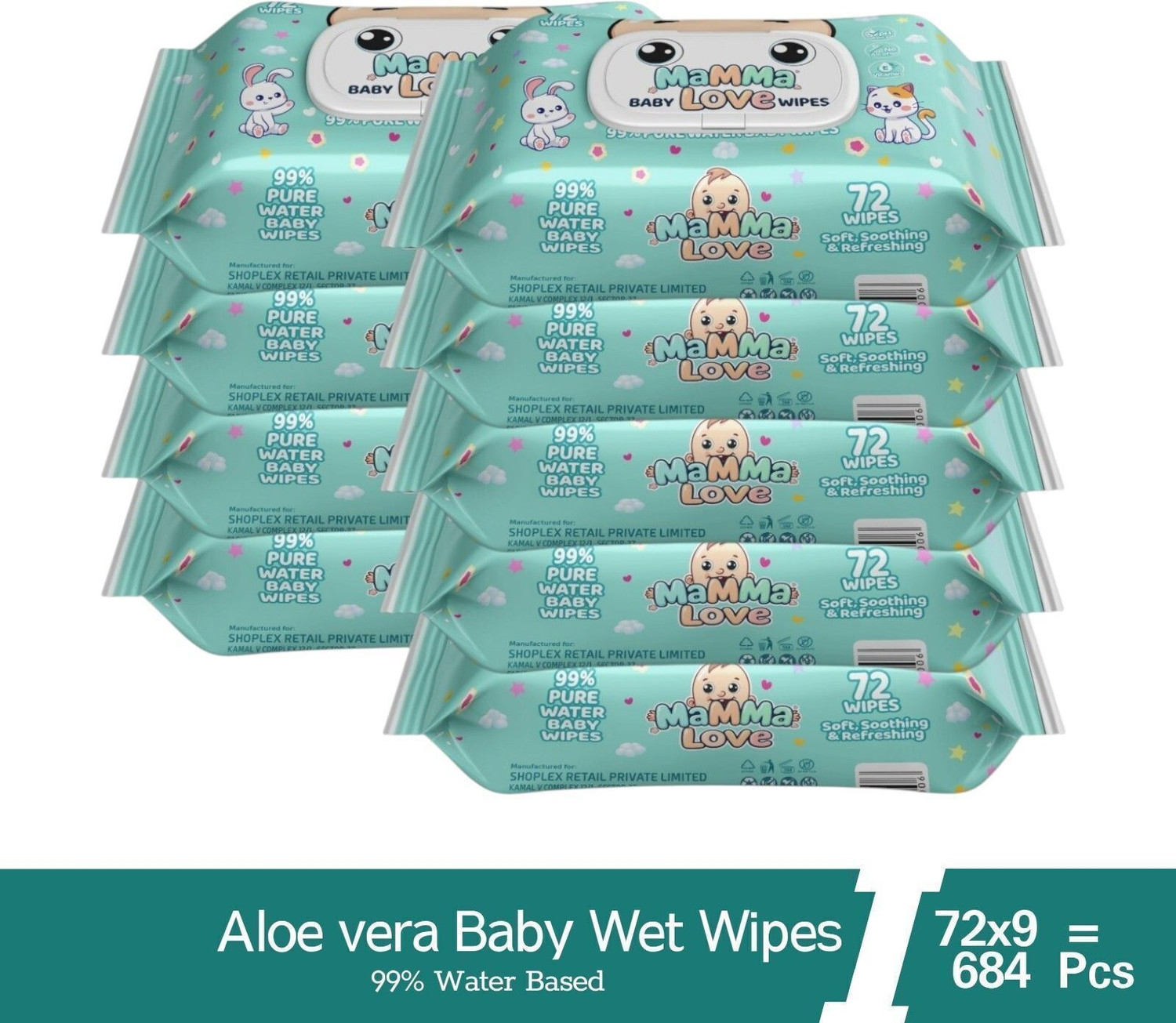 Image of Mamma Love 99% Pure Water Baby Wet Wipes with Lid | Pack of 9 | 72 pcs /pack | (648 Wipes)