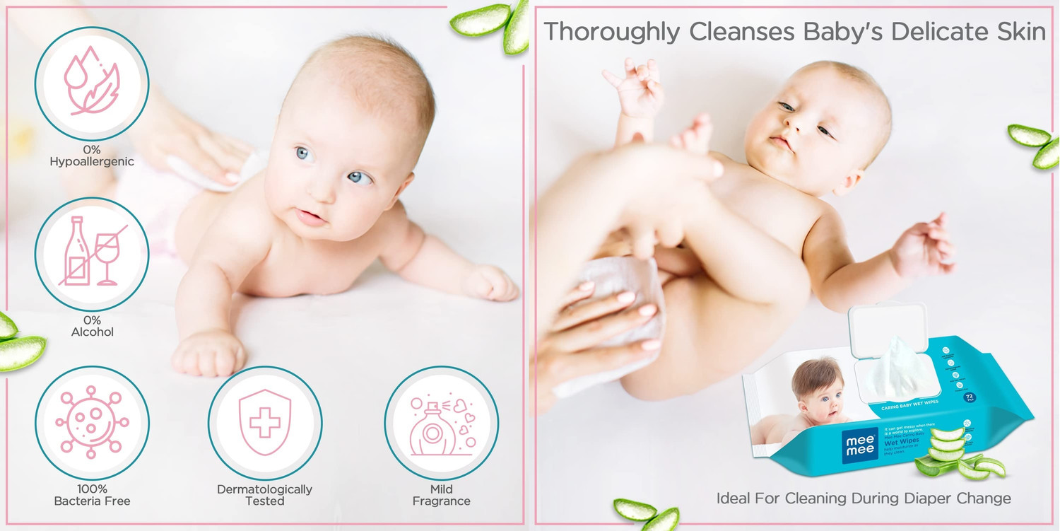 Image of MeeMee Caring Baby Wet Wipes with lid, 72 Pcs (Aloe Vera, Pack of 2))