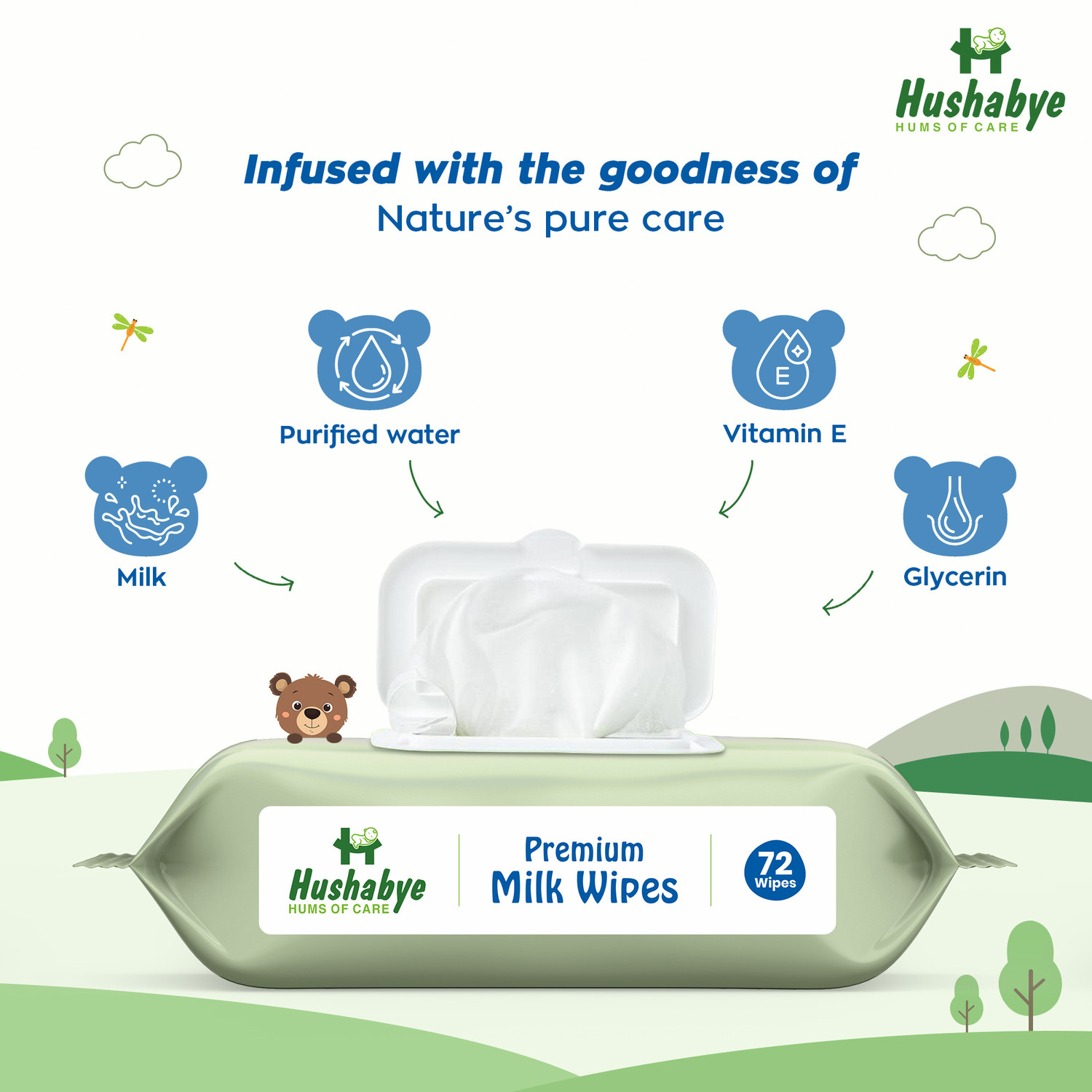 Image of Hushabye Premium Milk Cleansing Baby Wipes With Lid, Vitamin E, pH Balanced, Pack of 6