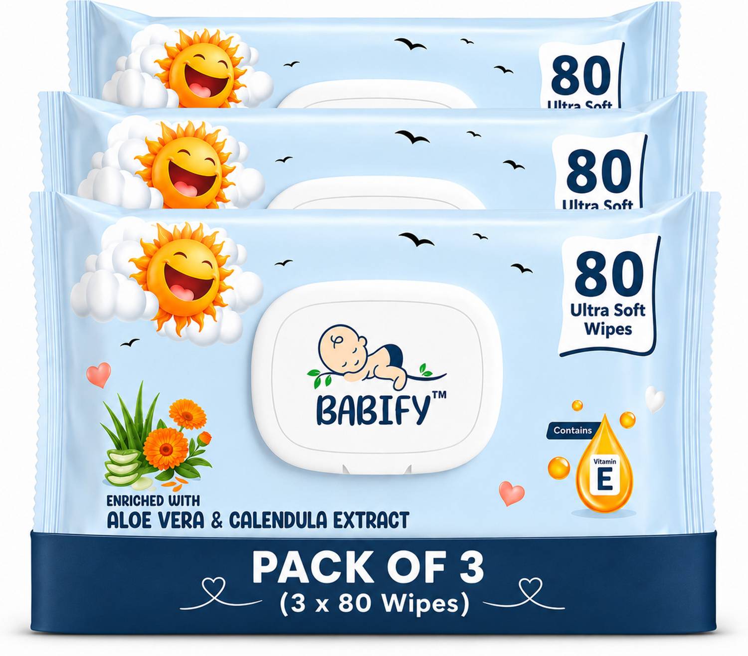 BabiFy Baby Wipes 80 Sheets Pack of 3 Combo with LID | 3X Thicker & Softer Wipe
