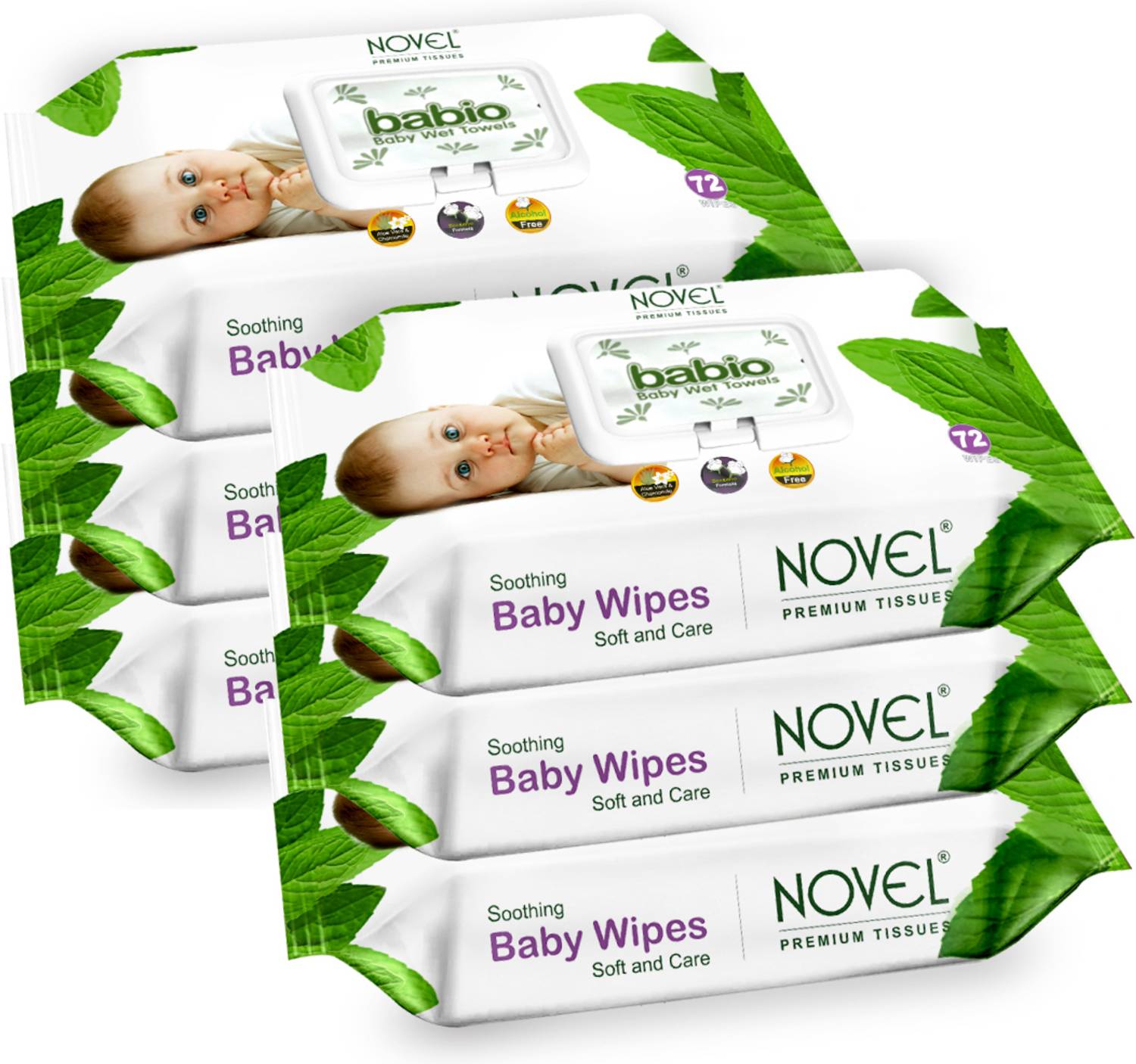 NOVEL Baby Wipes 72 Sheets pack of 6 with Lid (432 Wipes)