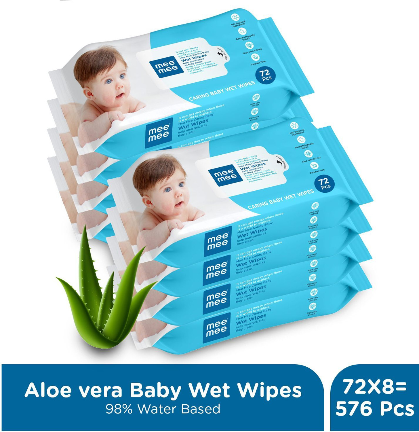 Image of MeeMee Soft Cleansing Baby Wet wipes without Lid | Aloe vera - Pack of 8