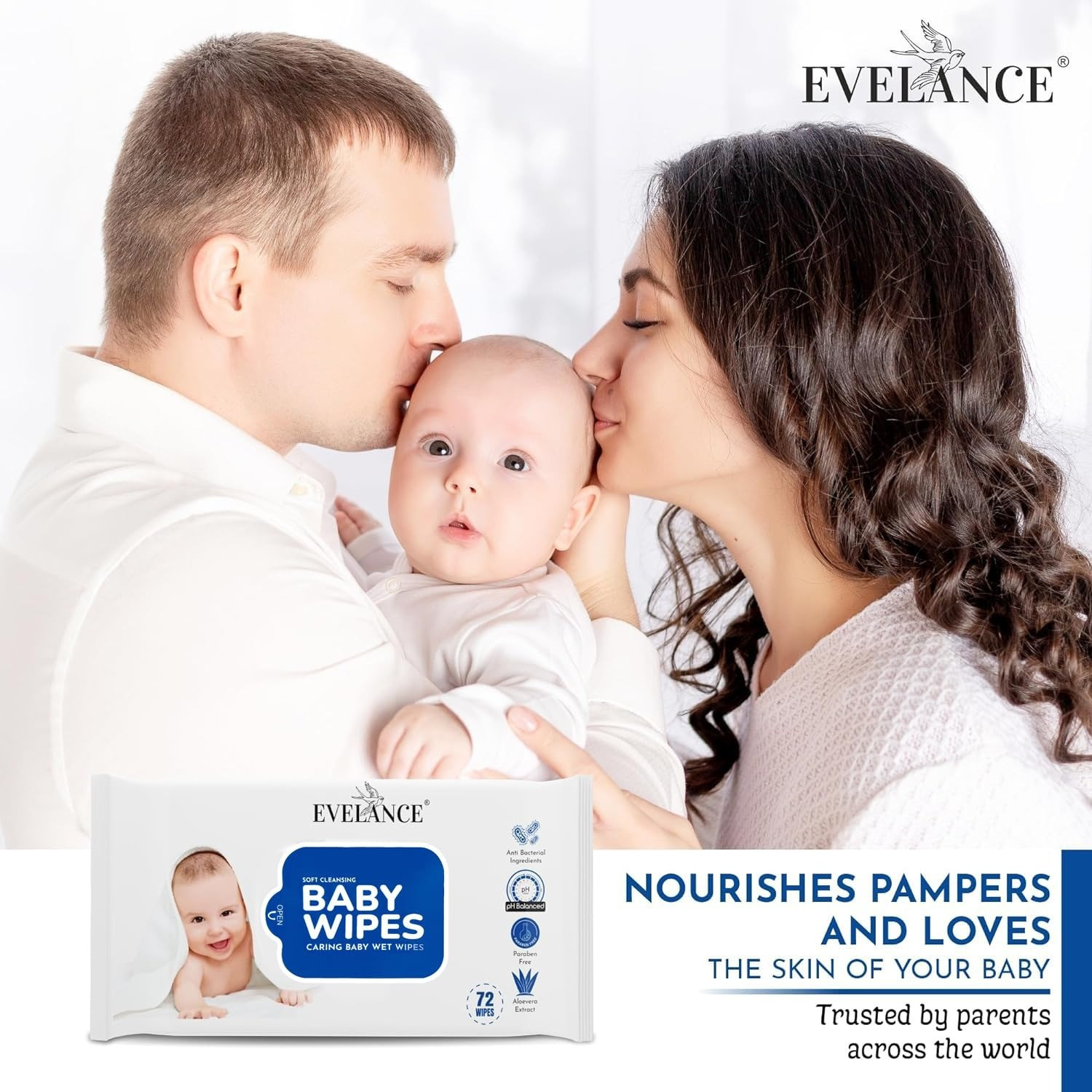 Image of EVELANCE Caring Baby Wet Wipes with lid & Aloe Vera Extract| 72 Pieces|Pack Of 18