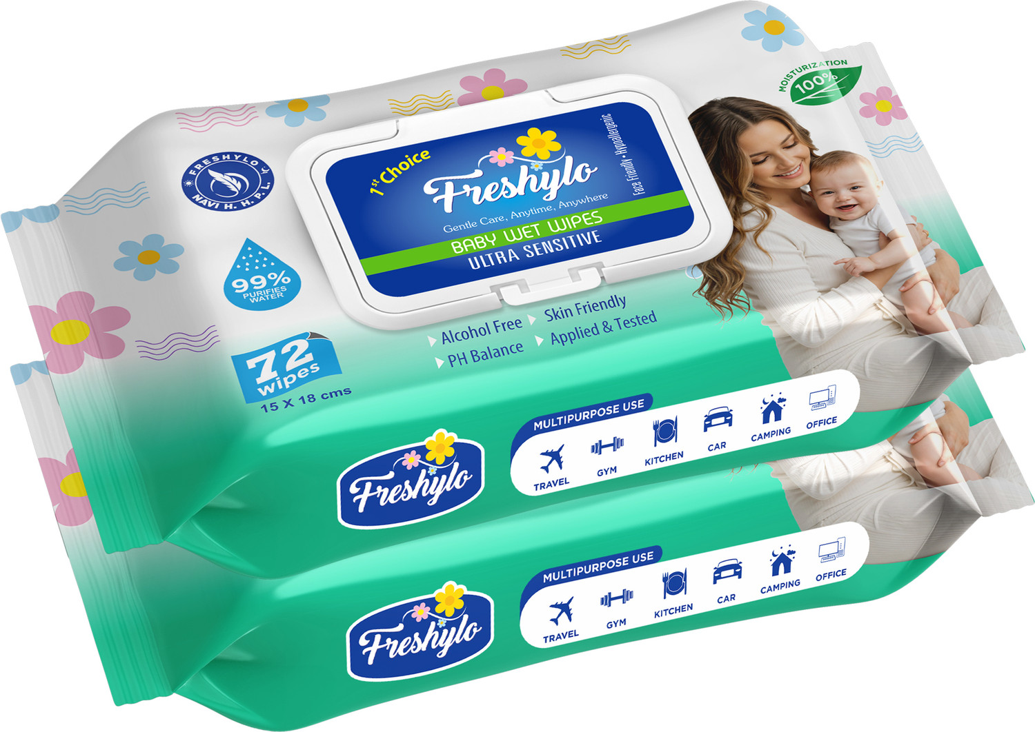 Image of Freshylo Baby Wipes with Lid & 99% Purified Water | pH-Balanced Wet Tissues, Pack of 2