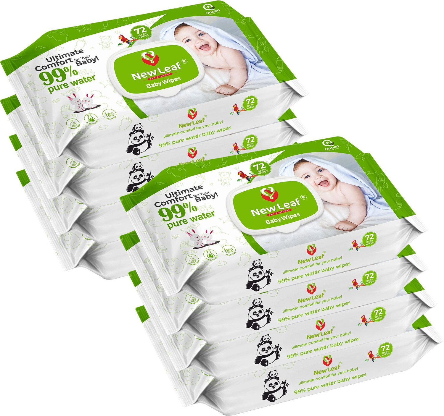 Image of Newleaf Premium Baby Wipes | 99% Pure Water, Aloe Vera & Glycerine with Lid, Pack of 8