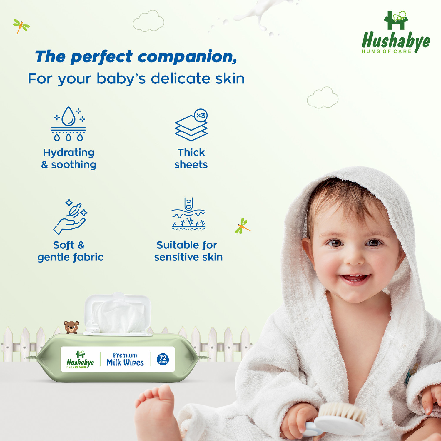 Image of Hushabye Premium Milk Cleansing Baby Wipes With Lid, Vitamin E, pH Balanced, Pack of 6