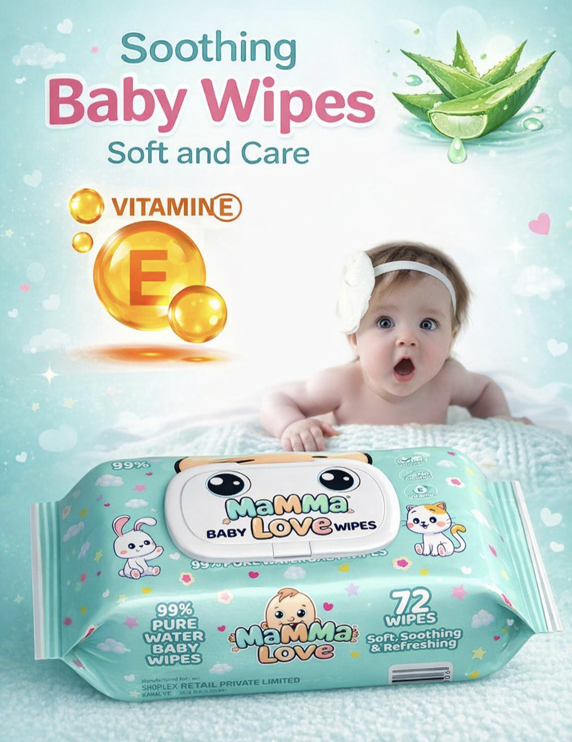 Image of Mamma Love 99% Pure Water Baby Wet Wipes with Lid | Pack of 11 | 72 pcs /pack |