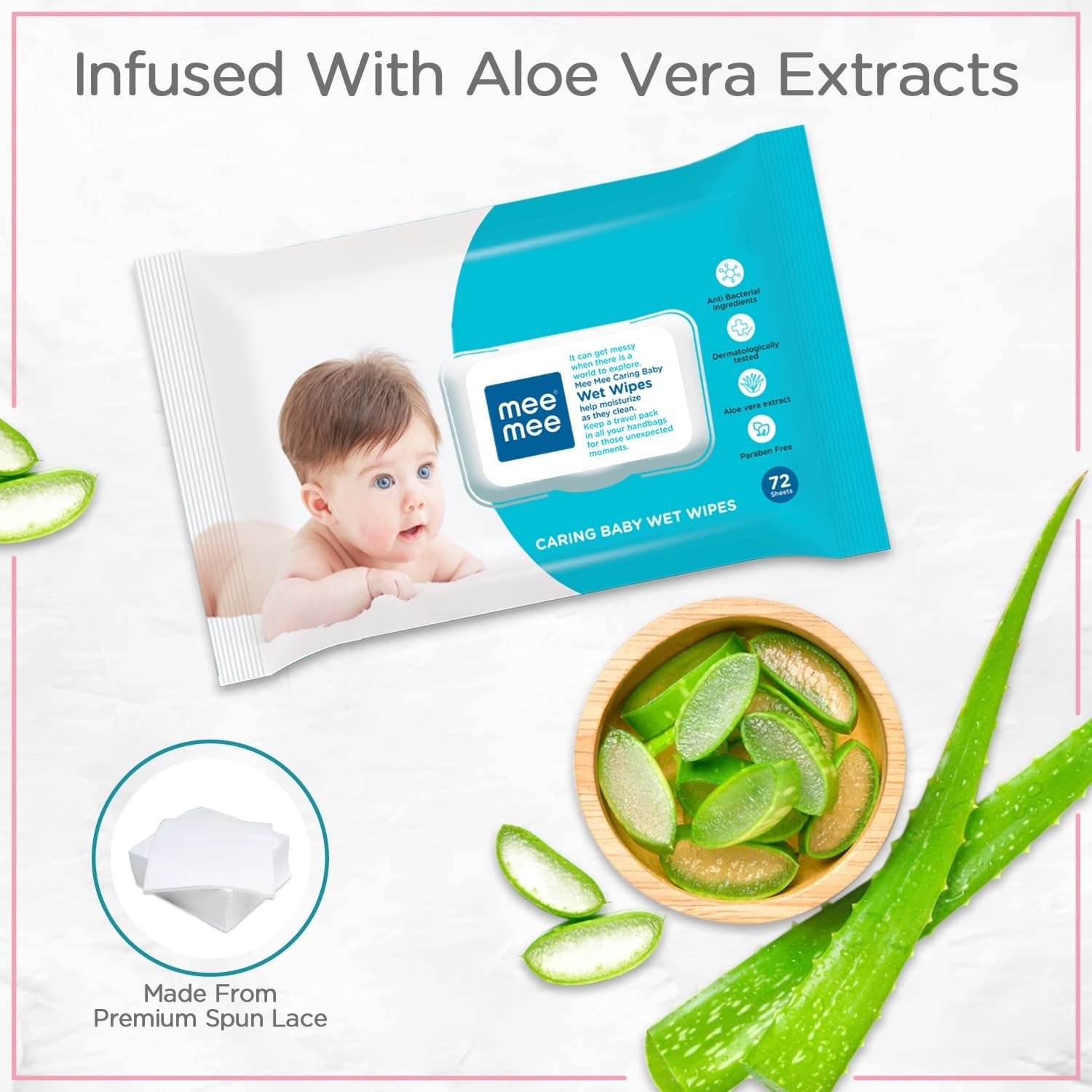 Image of MeeMee Caring Baby Wet Wipes with lid, 72 Pcs (Aloe Vera, Pack of 2))