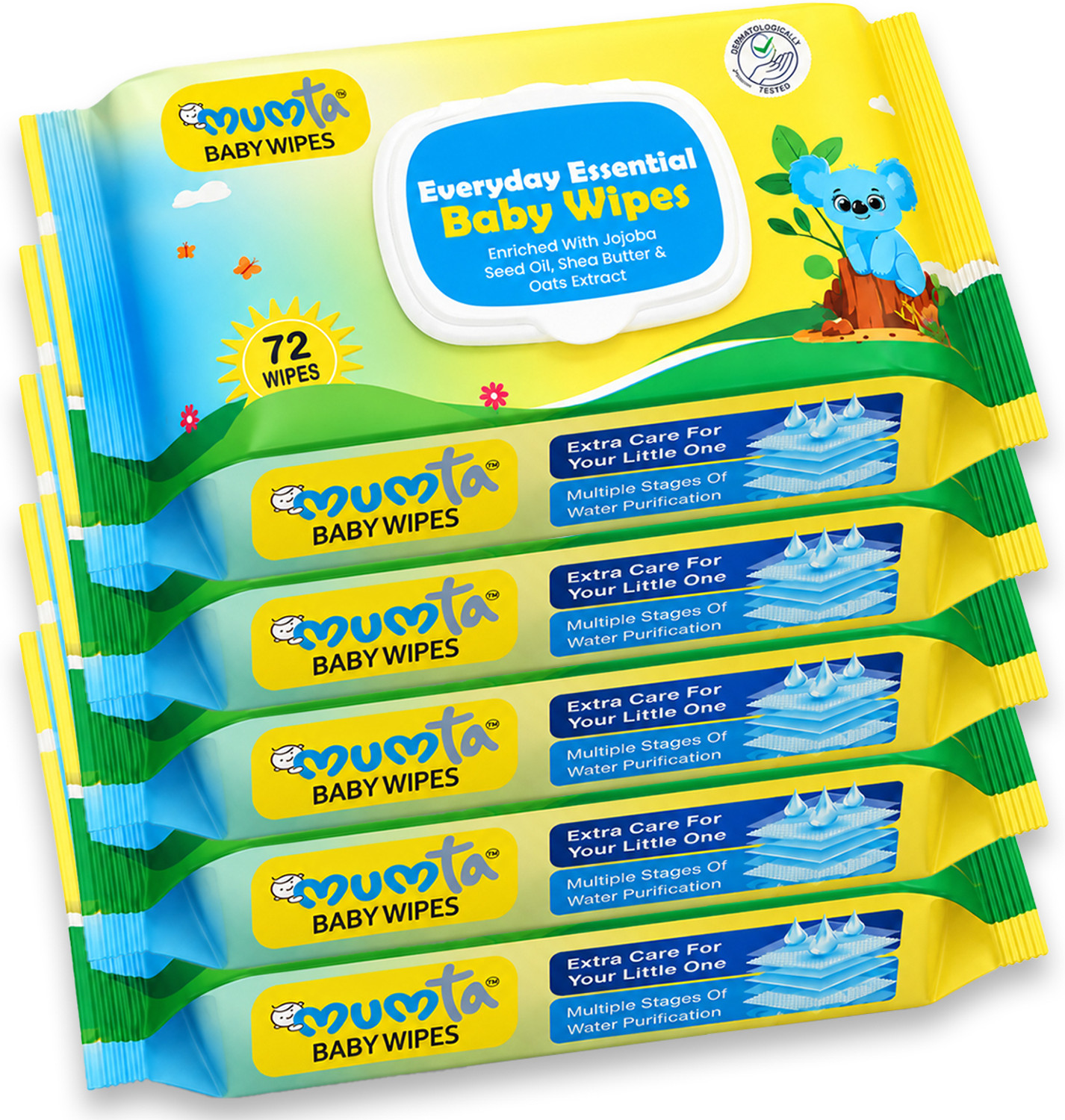 Image of Mumta Baby Wipes with Aloe Vera, Jojoba Oil, Vitamin E | Wet Wipe Pack of 5 With Lid