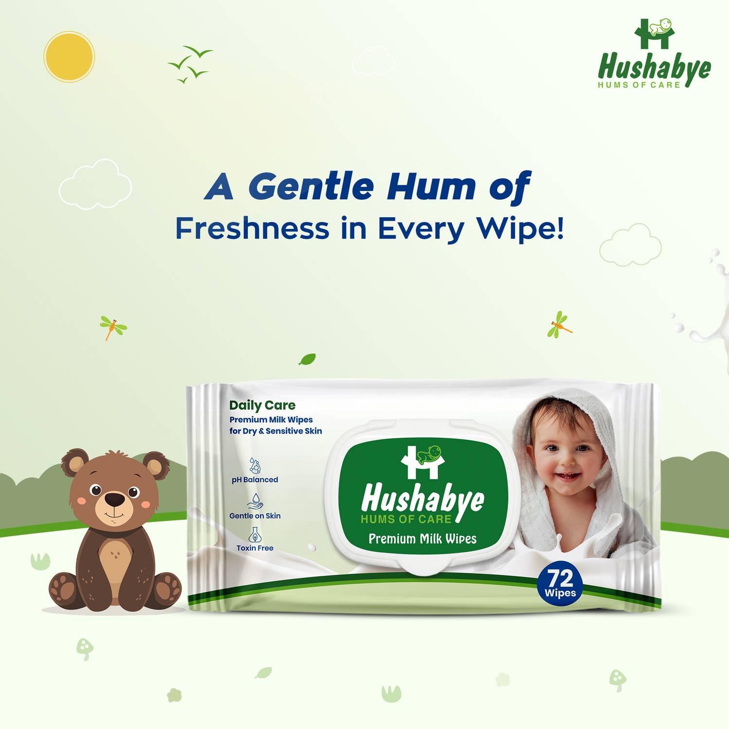 Hushabye Premium Milk Cleansing Baby Wipes With Lid, Vitamin E, p... more