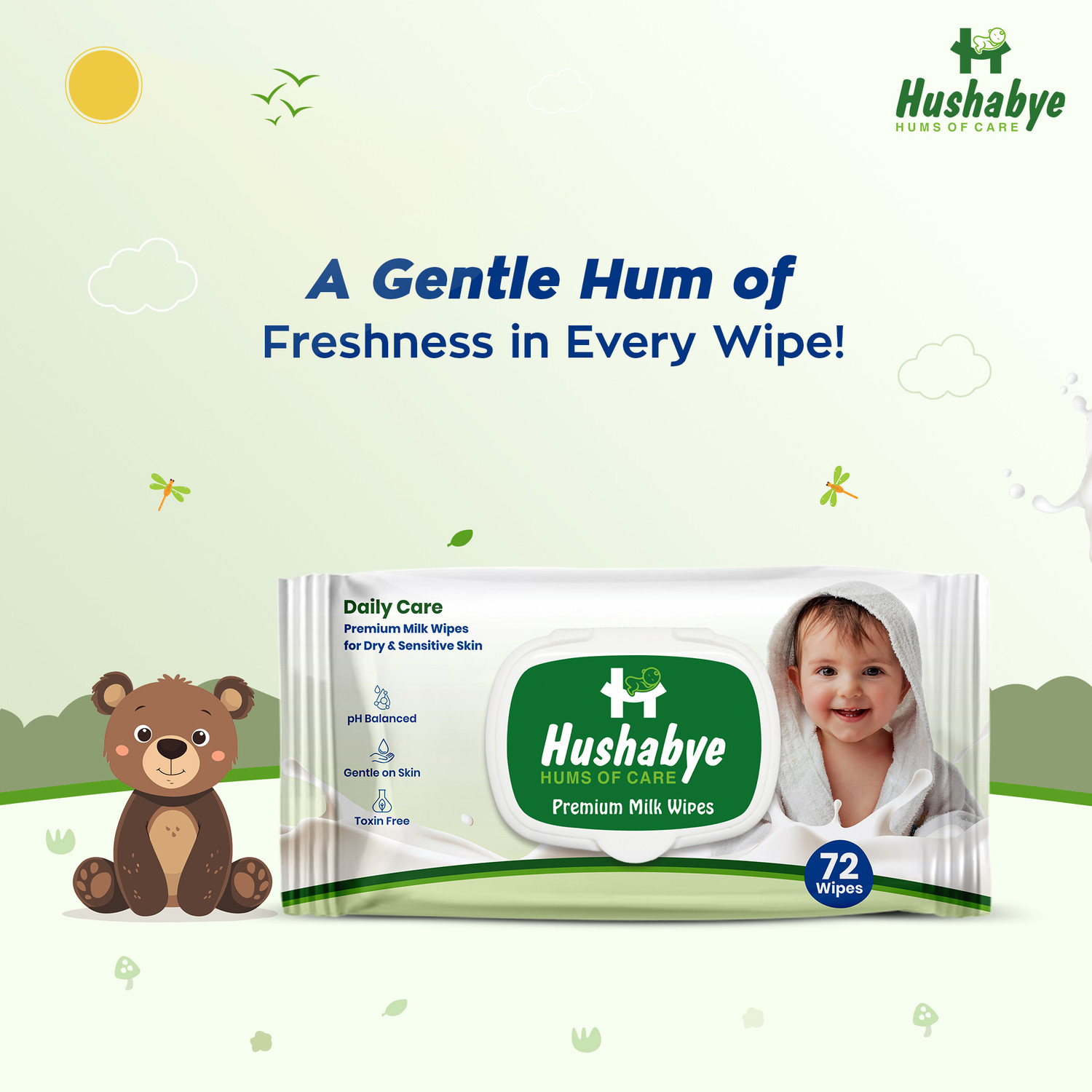 Image of Hushabye Premium Milk Cleansing Baby Wipes With Lid, Vitamin E, pH Balanced, Pack of 6