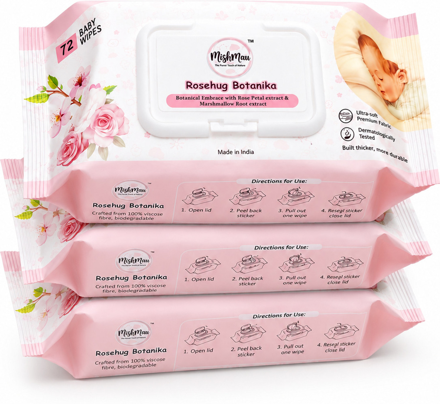 Image of mishmou Rosehug Botanika Baby Wipes Combo (3 Packs, 72 Wipes Each)