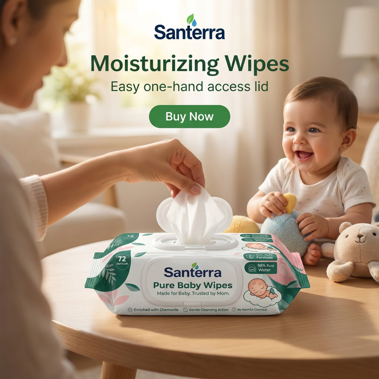 Image of Santerra Soft Baby Wipes For Newborn Infant Skincare Plant-based Alcohol-free Pack Of 5
