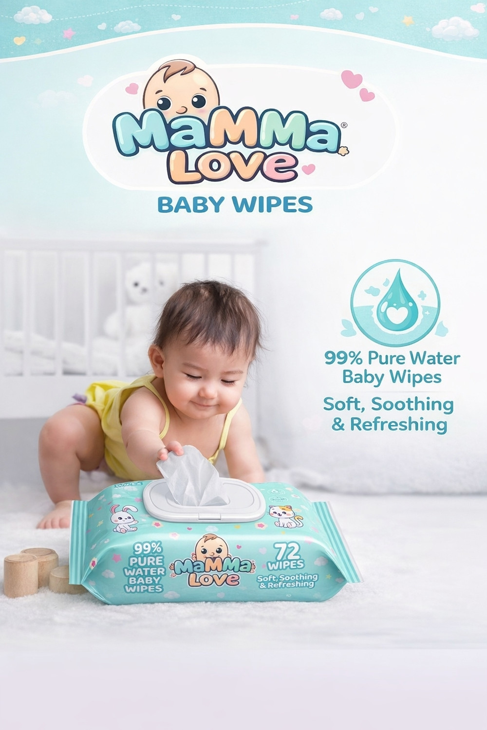 Image of Mamma Love 99% Pure Water Baby Wet Wipes with Lid | Pack of 2 | 72 pcs /pack |