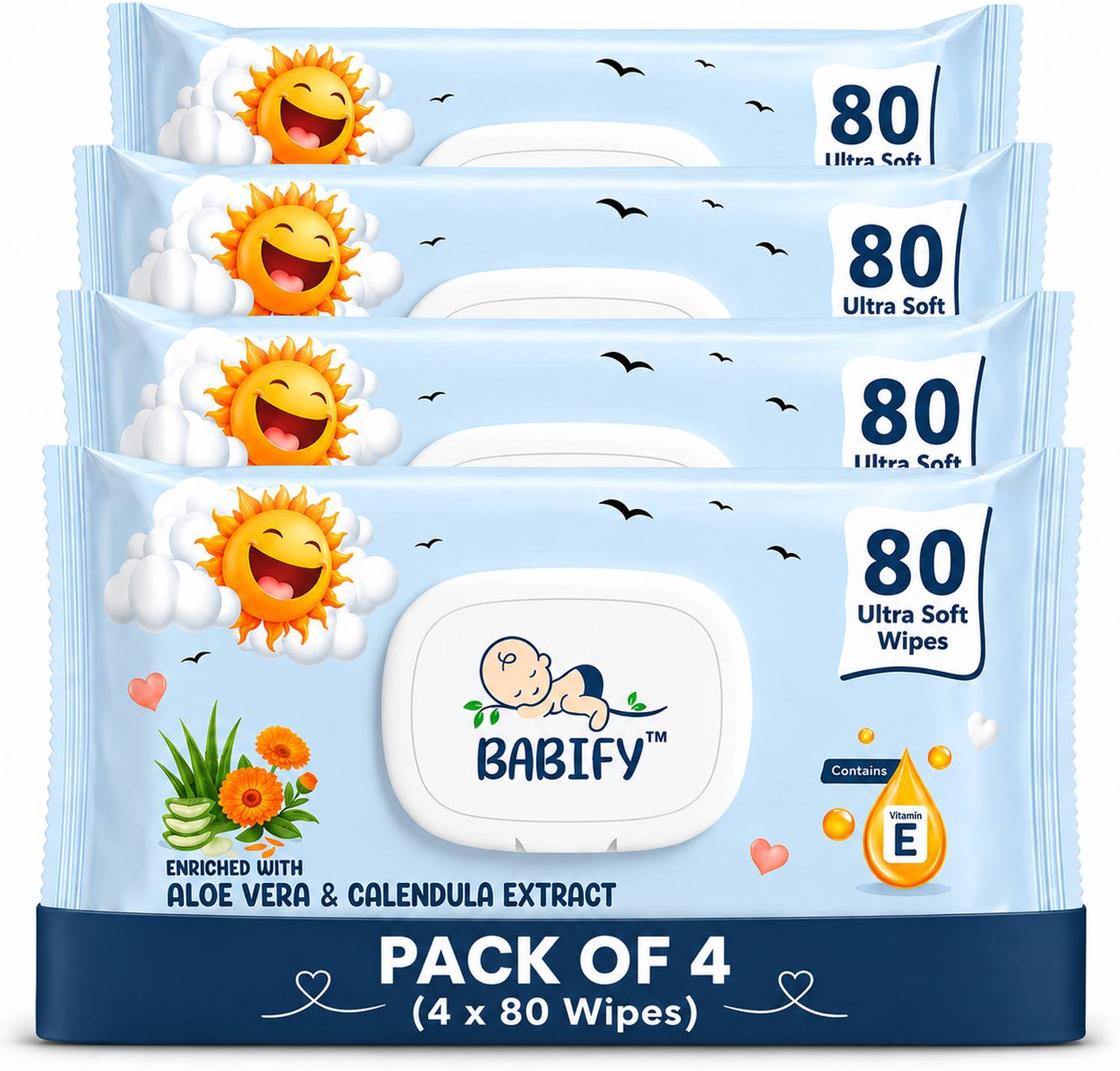 BabiFy Baby Wipes 80 Sheets Pack of 4 Combo with LID | 3X Thicker & Softer Wipe