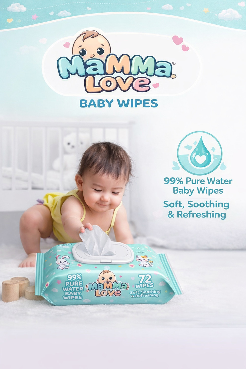 Image of Mamma Love 99% Pure Water Baby Wet Wipes with Lid | Pack of 11 | 72 pcs /pack |