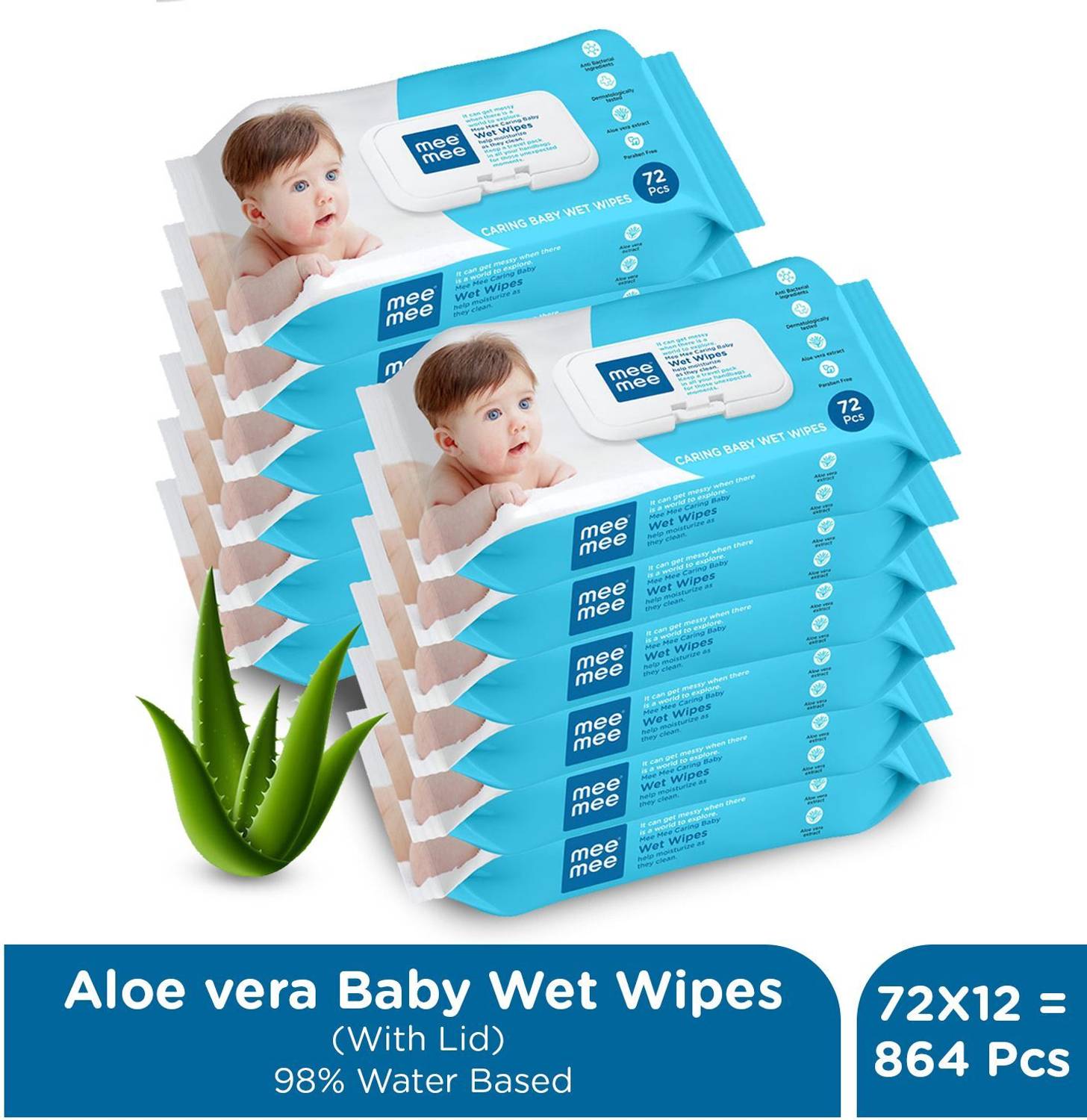 MeeMee Soft Cleansing Baby Wet with Aloe vera - Pack of 12 (864 W