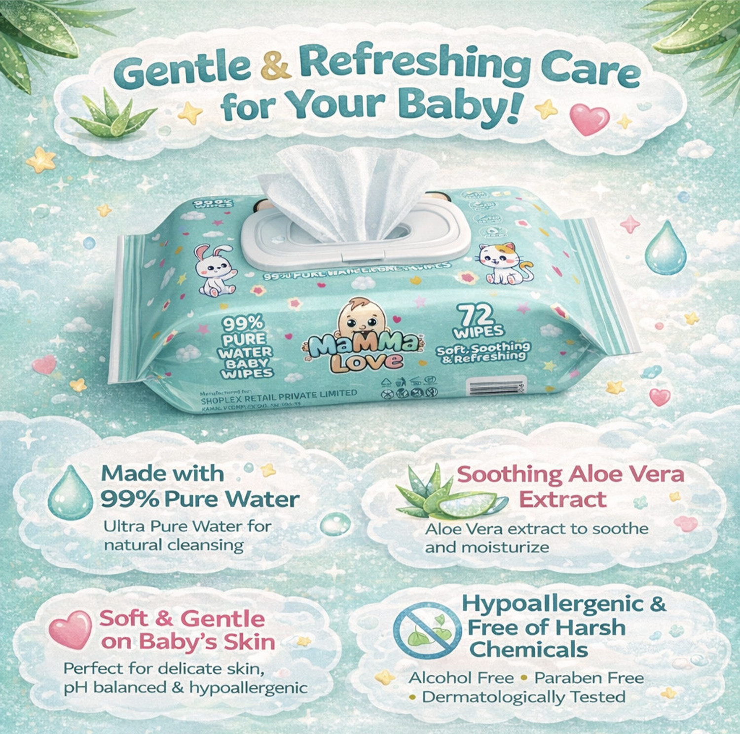 Image of Mamma Love 99% Pure Water Baby Wet Wipes with Lid | Pack of 11 | 72 pcs /pack |