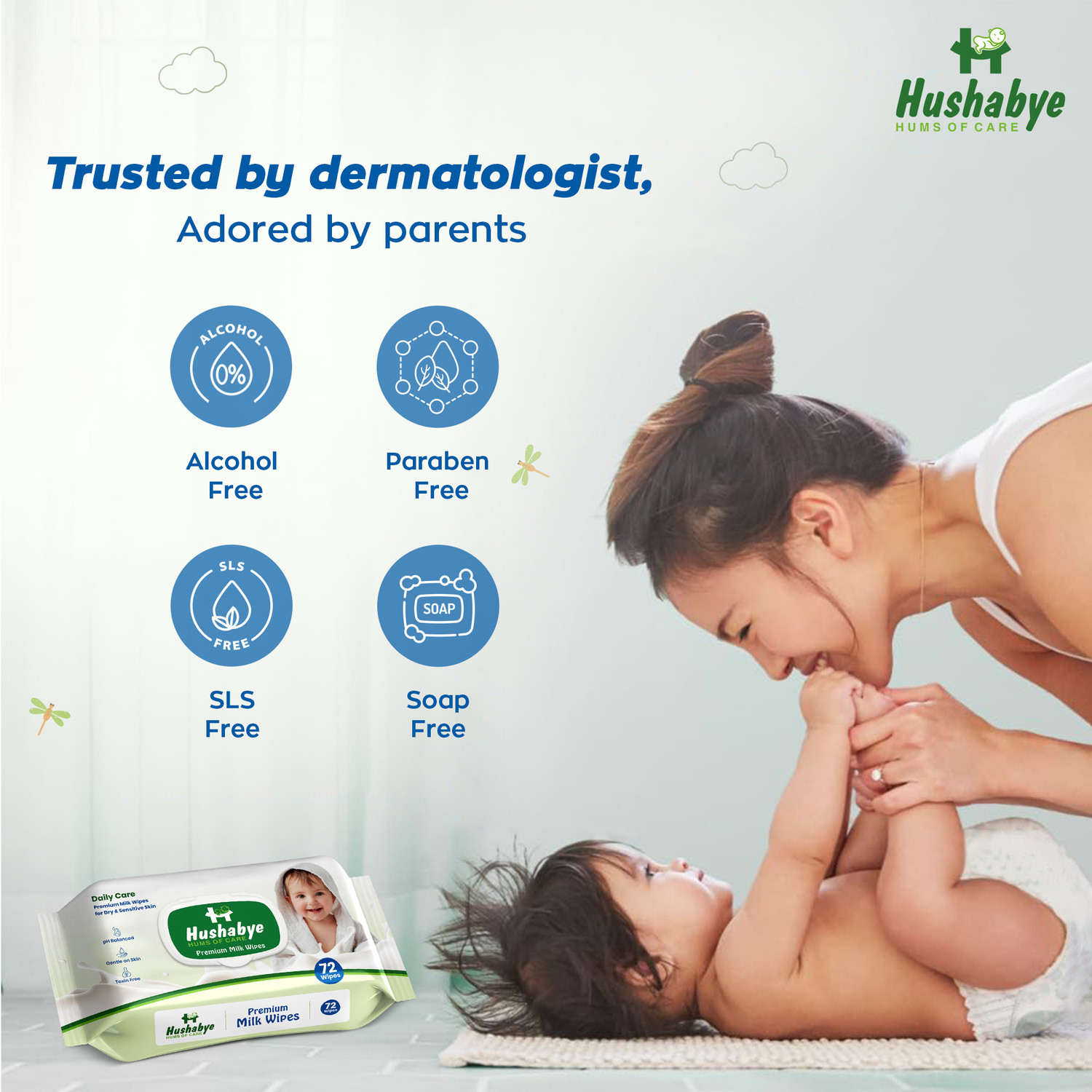 Image of Hushabye Premium Milk Cleansing Baby Wipes With Lid, Vitamin E, pH Balanced, Pack of 6
