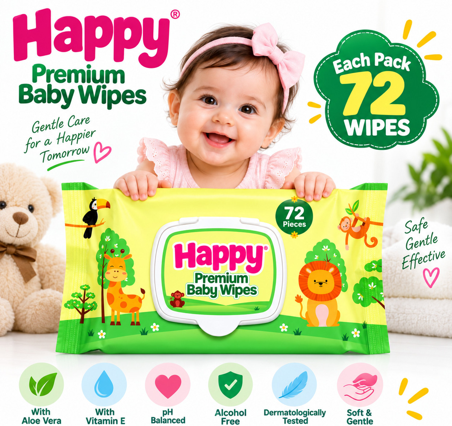 Image of Happy Premium Baby Wipes Export Quality with Aloe Vera & Vitamin E 72 wipes pack of 1