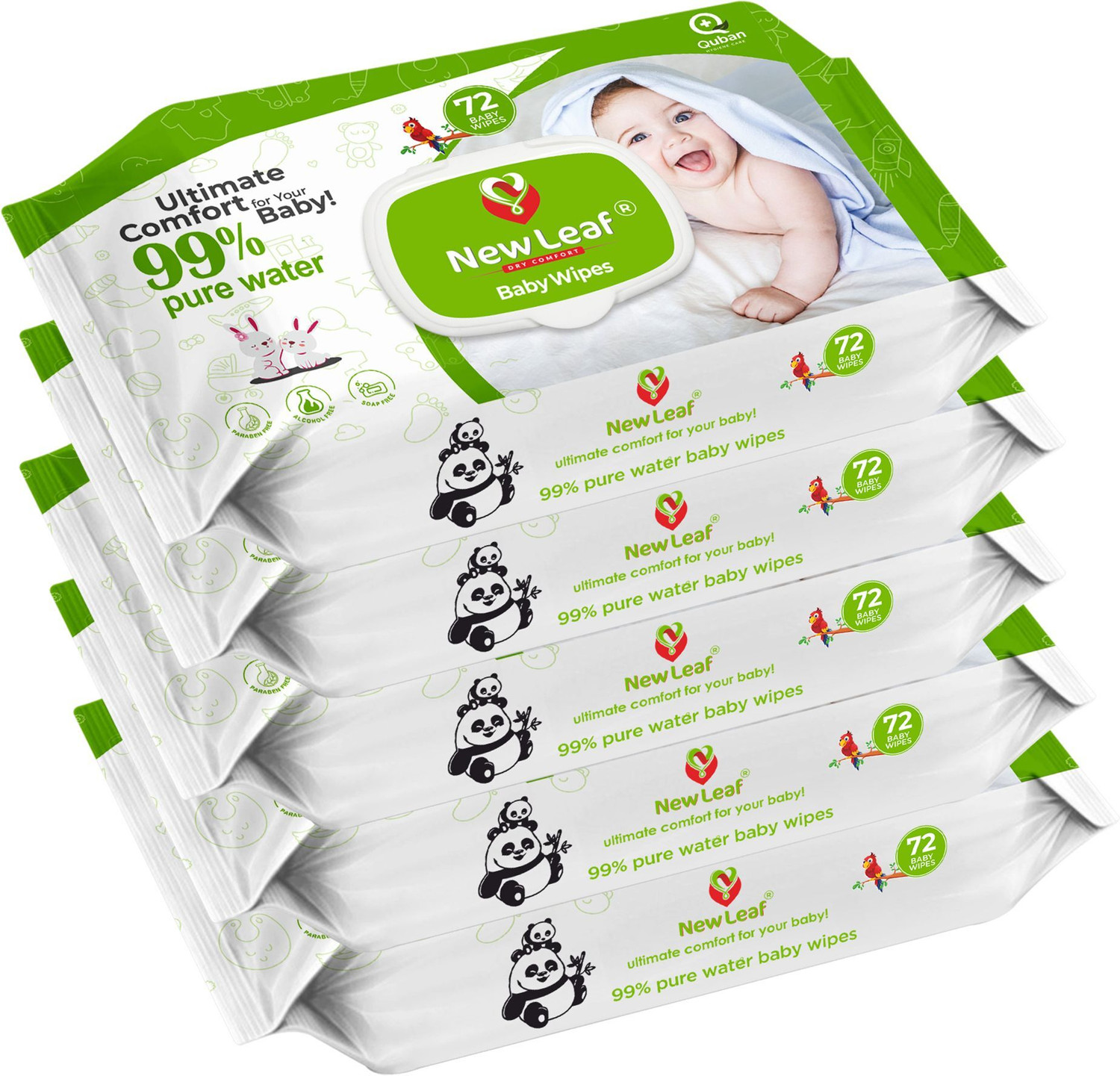 Image of Newleaf Premium Baby Wipes | 99% Pure Water, Aloe Vera & Glycerine with Lid, Pack of 5