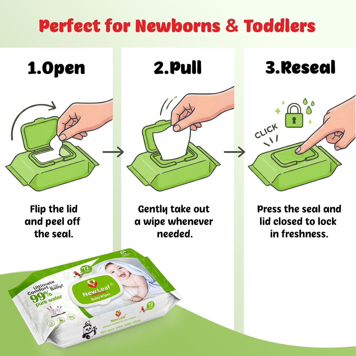 Image of Newleaf Premium Baby Wipes | 99% Pure Water, Aloe Vera & Glycerine with Lid, Pack of 6