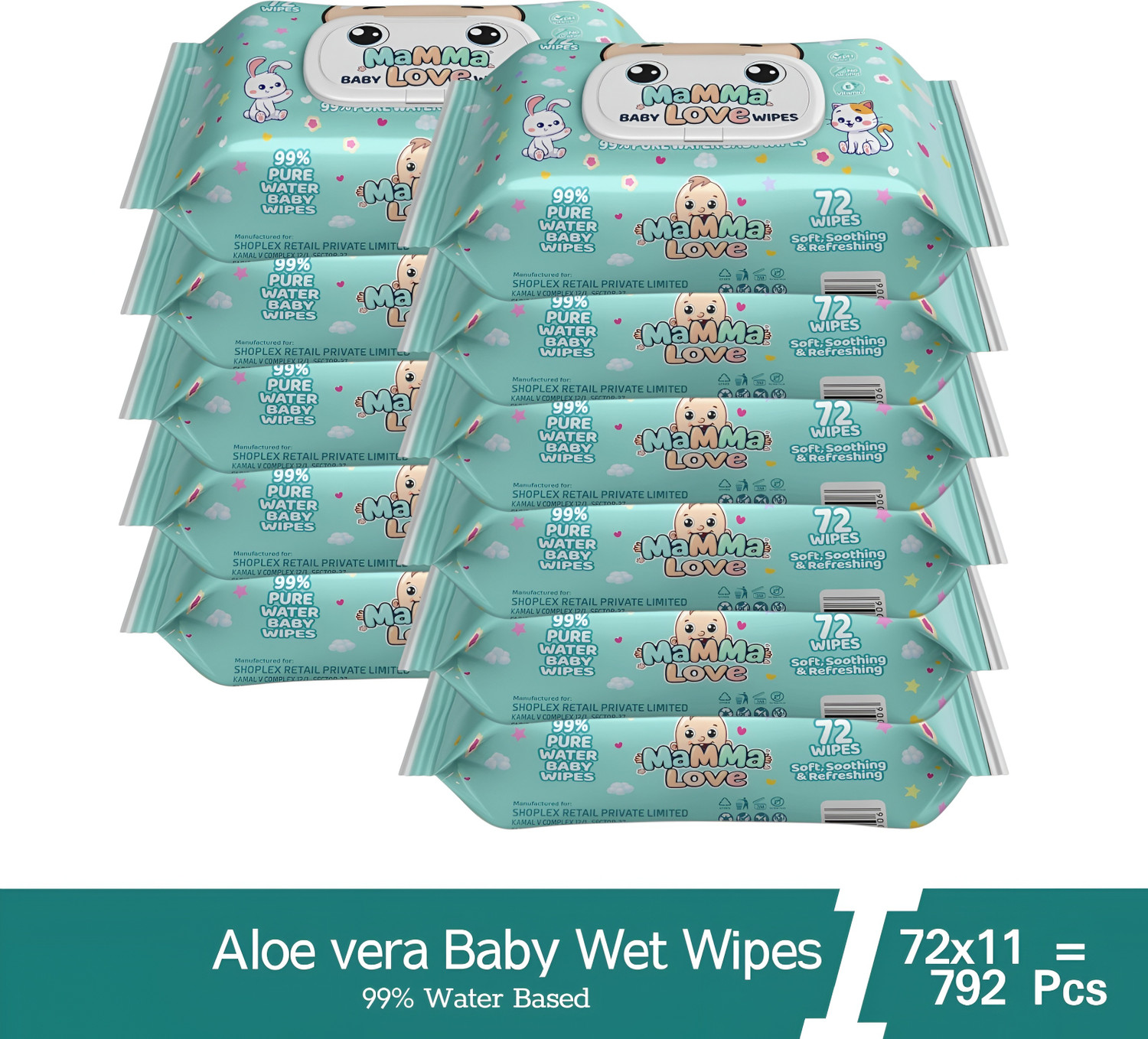 Image of Mamma Love 99% Pure Water Baby Wet Wipes with Lid | Pack of 11 | 72 pcs /pack |