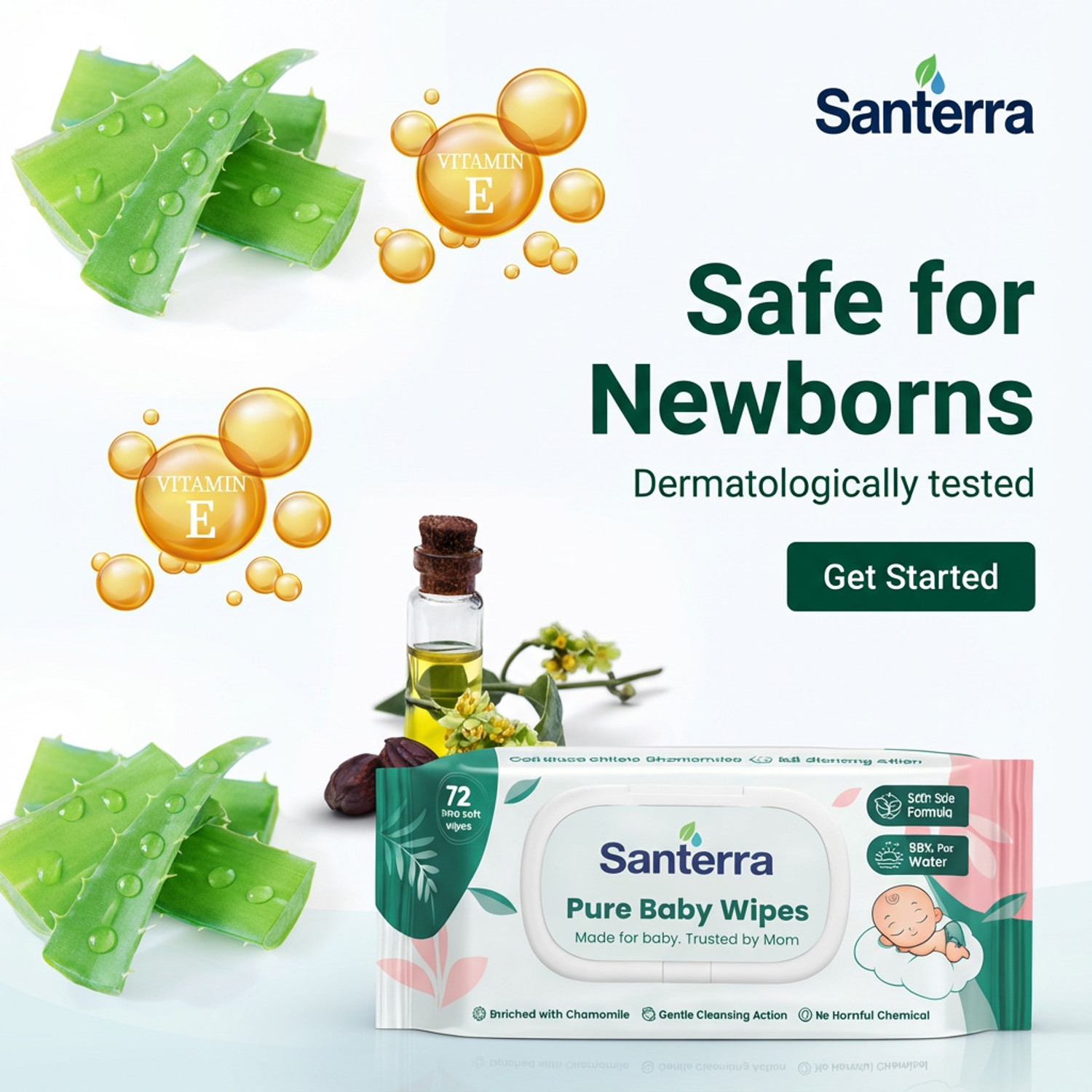 Image of Santerra Soft Baby Wipes For Newborn Infant Skincare Plant-based Alcohol-free Pack Of 5
