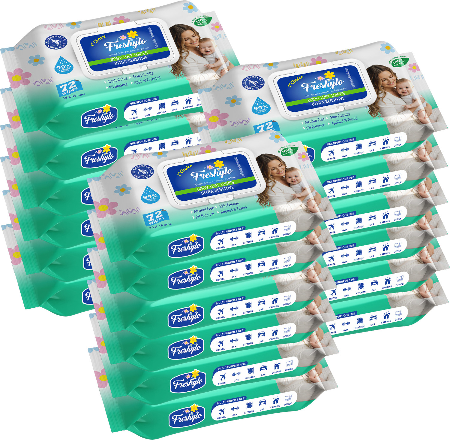 Image of Freshylo Baby Wipes with Lid & 99% Purified Water | pH-Balanced Wet Tissues, Pack of 18