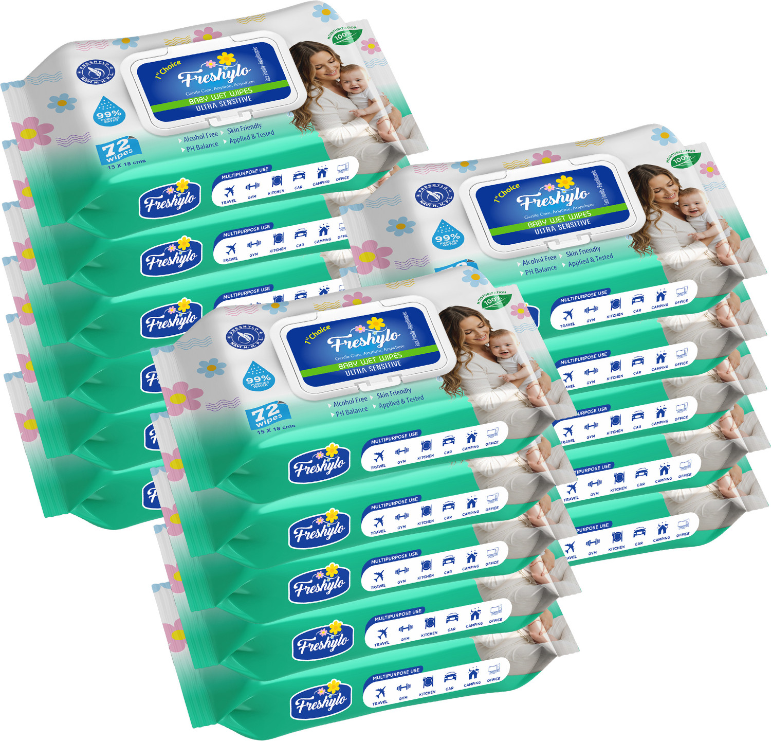 Image of Freshylo Baby Wipes with Lid & 99% Purified Water | pH-Balanced Wet Tissues, Pack of 16