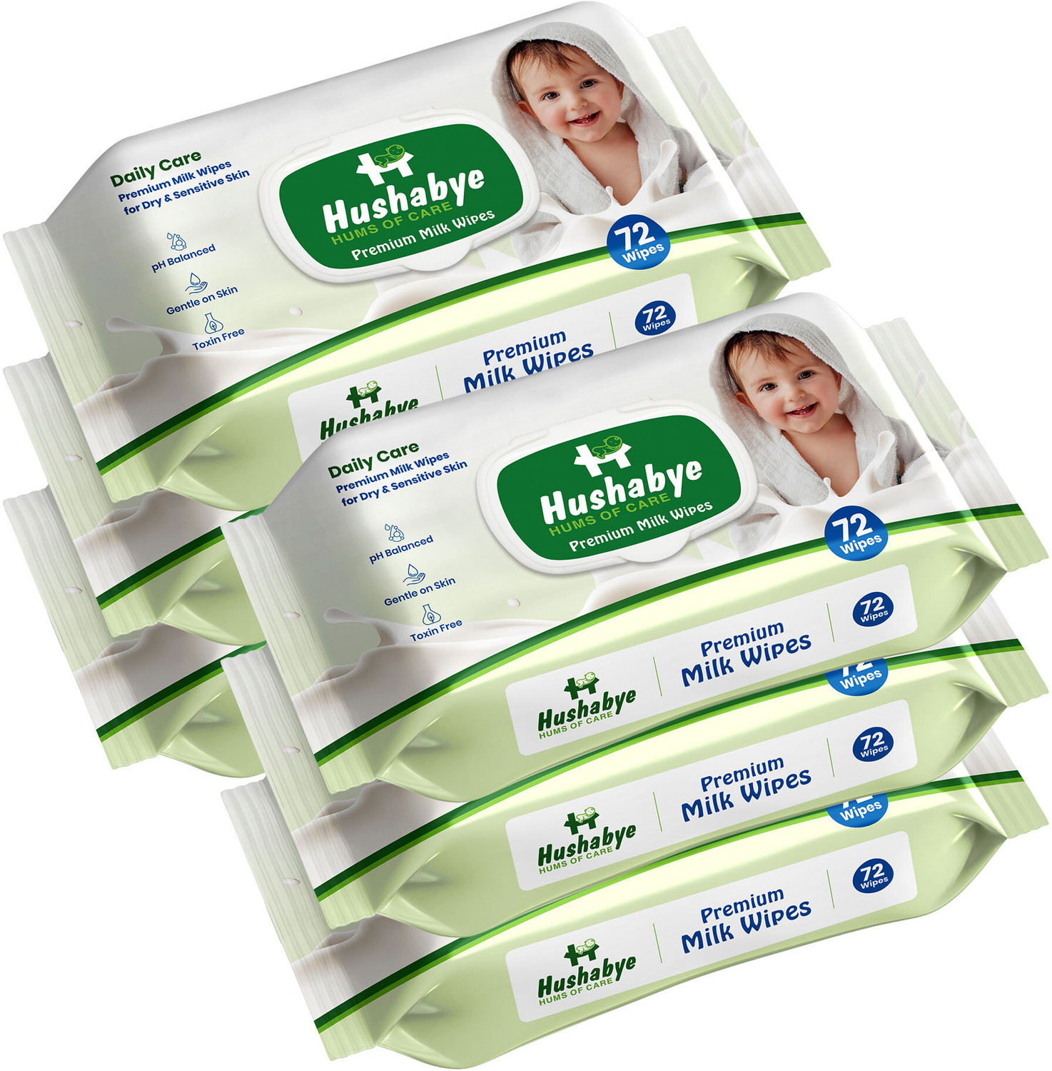 Image of Hushabye Premium Milk Cleansing Baby Wipes With Lid, Vitamin E, pH Balanced, Pack of 6