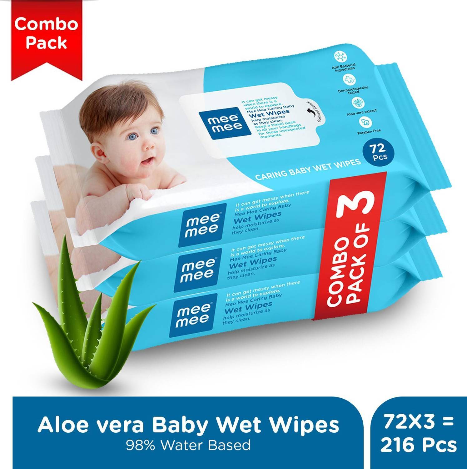 MeeMee Soft Cleansing Baby Wet with Aloe vera - Pack of 3 (216 Wi