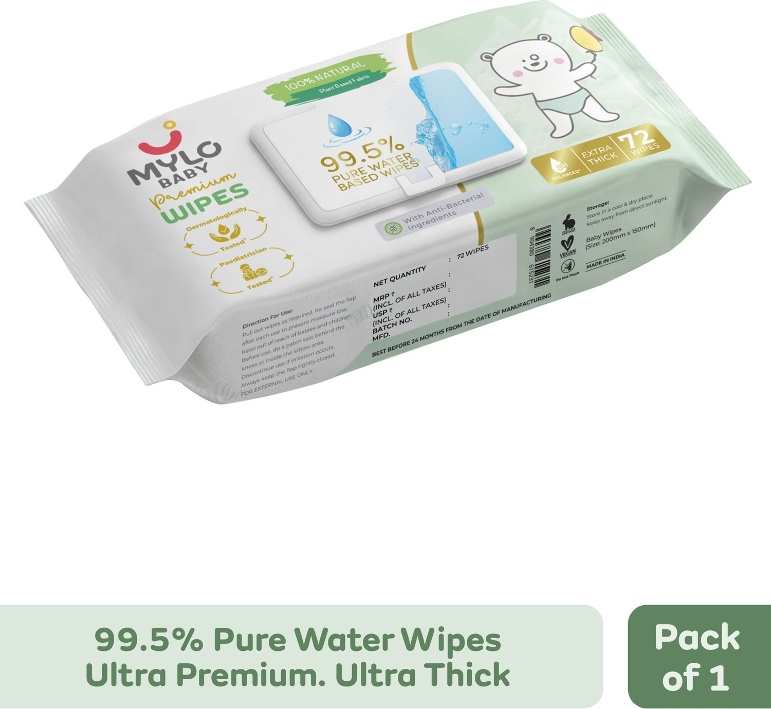 Image of MYLO Baby 99.5% Pure Water Wipes, Extra-Thick, 100% Plant-Powered & Safe for Newborns