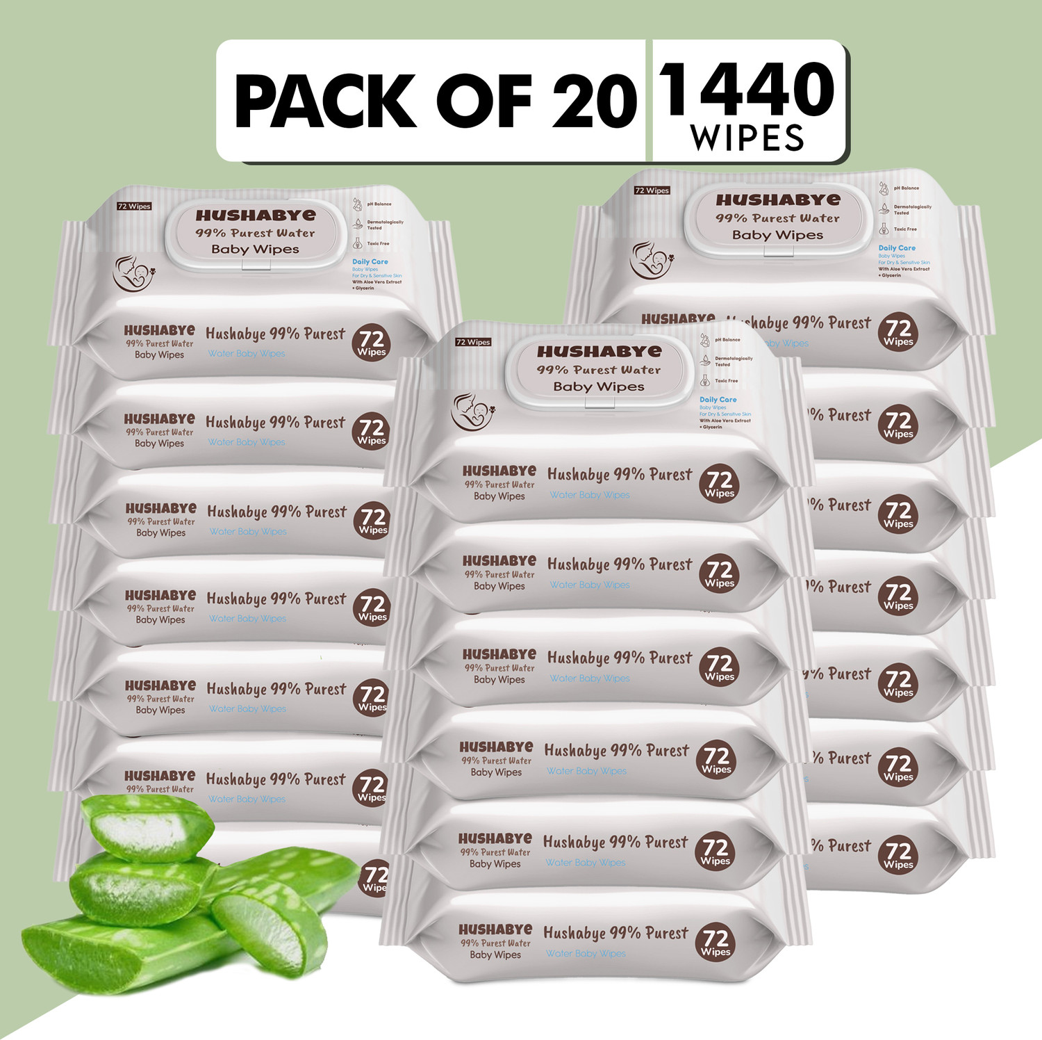 Image of Hushabye Premium Soft Baby Wipes with Aloe Vera,Rash-Free(72 Wipes Each Pack,Pack of 20)