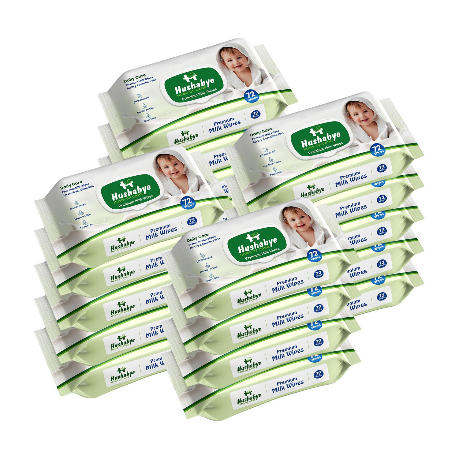 Image of Hushabye Premium Milk Cleansing Baby Wipes With Lid, Vitamin E, pH Balanced,Pack of 18