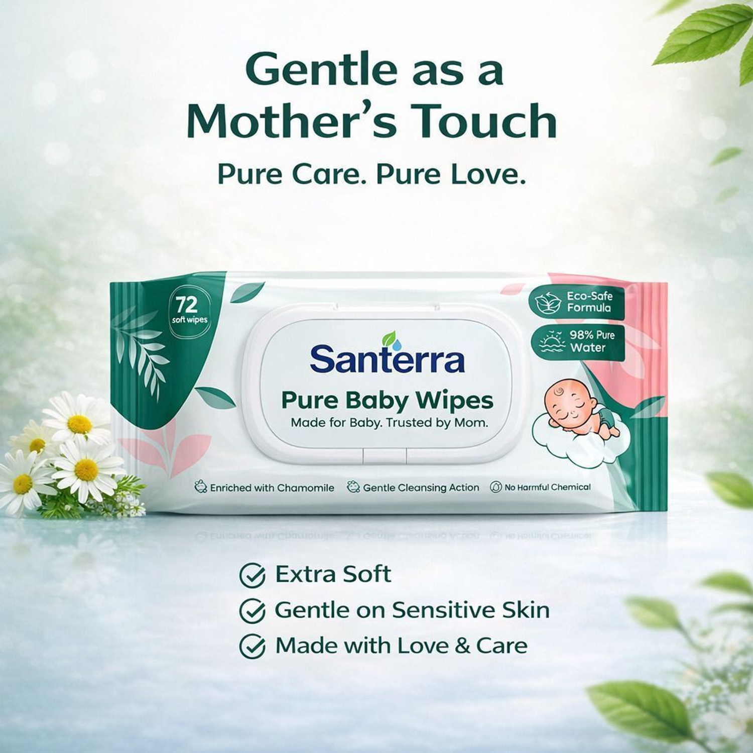 Image of Santerra Pure Baby Wipes Enriched with Chamomile & Vitamin-E, (216 Wipes)