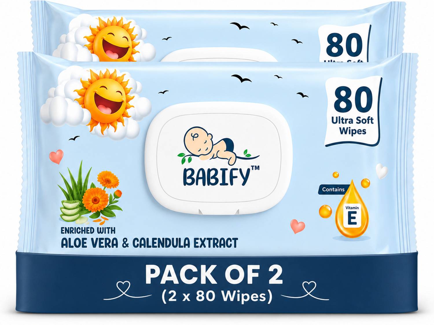 BabiFy Baby Wipes 80 Sheets Pack of 2 Combo with LID | 3X Thicker & Softer Wipe