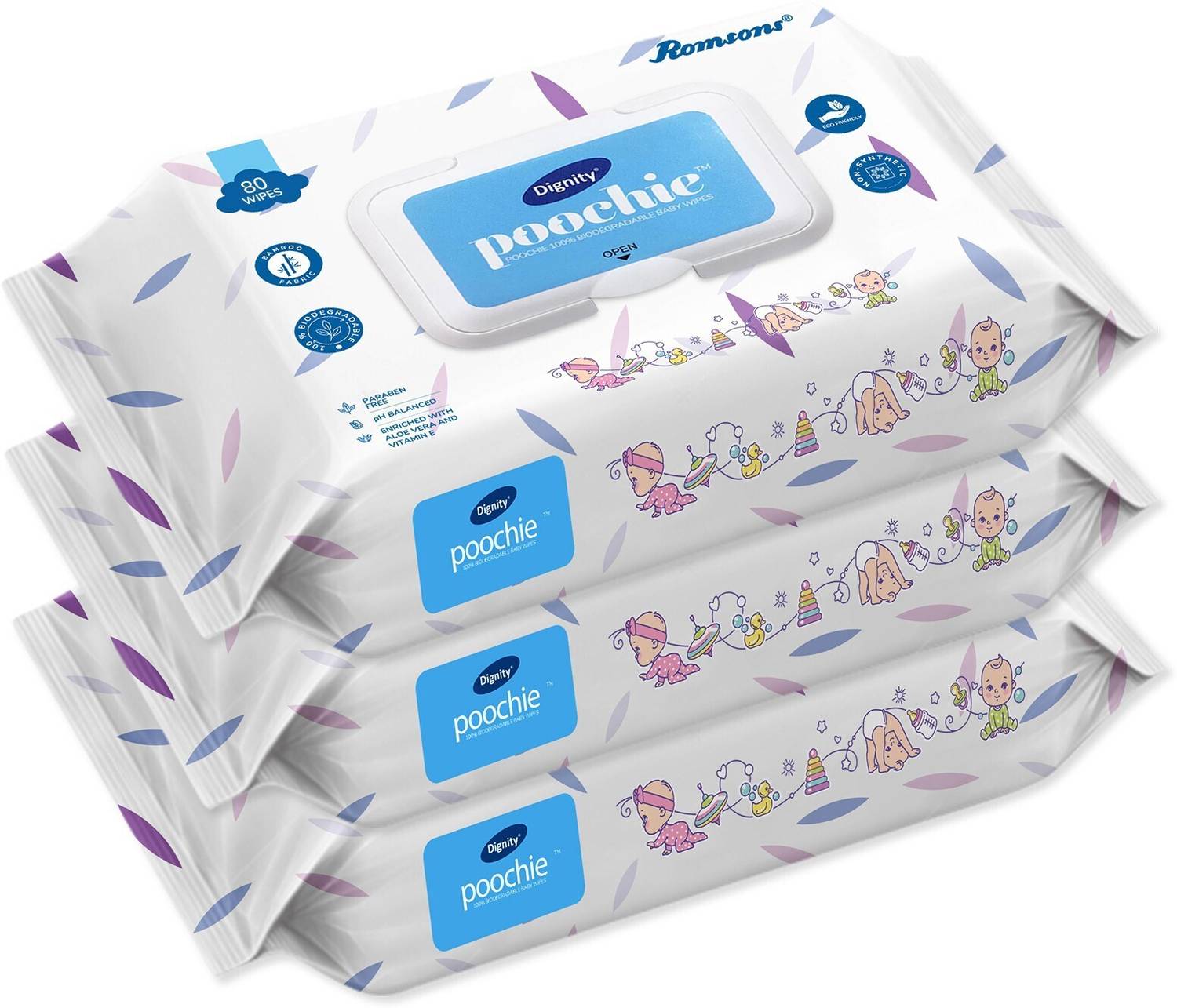 DIGNITY Poochie Biodegradable Baby Wipes, 150 x 200 mm, 80 Wipes/