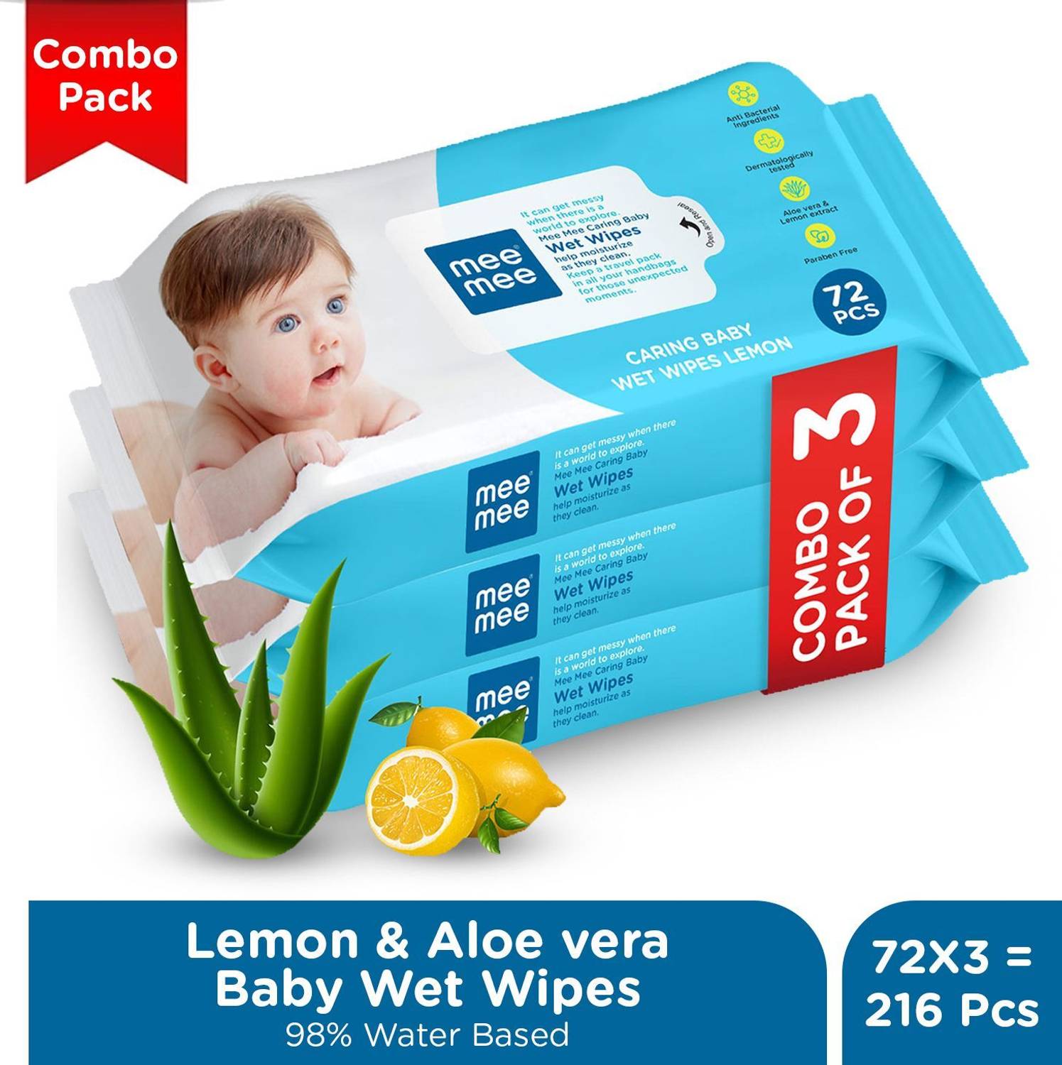 MeeMee Soft Cleansing Baby Wet with Lemon & Aloe vera - Pack of 3