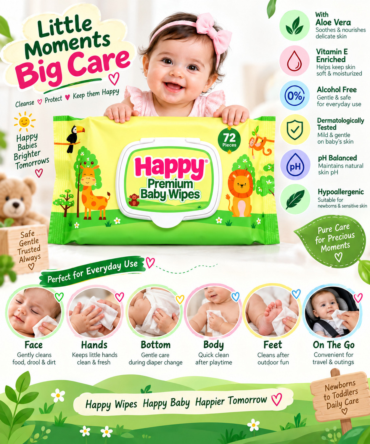 Image of Happy Premium Baby Wipes Export Quality with Aloe Vera & Vitamin E 72 wipes pack of 1